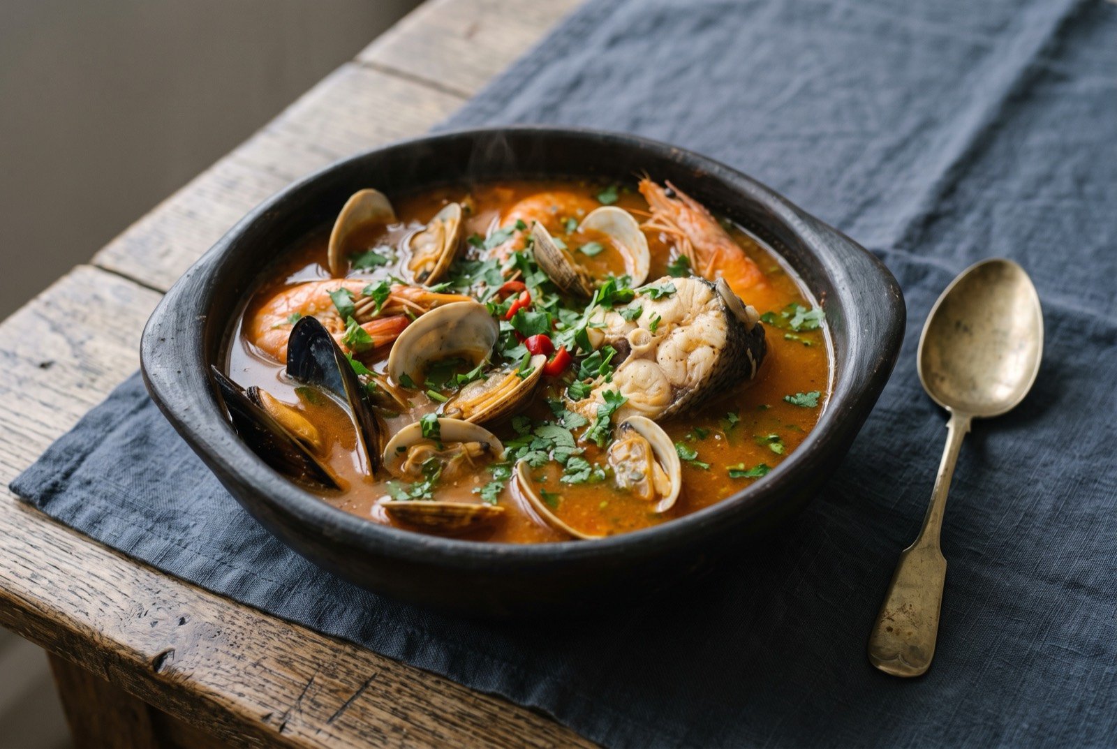 Paila marina, a mixed shellfish and fish soup in a clay pot: a rustic dark clay pot filled with a rich, reddish orange broth, open clam and mussel shells breaking the surface, a pale chunk of firm white fish barely submerged.