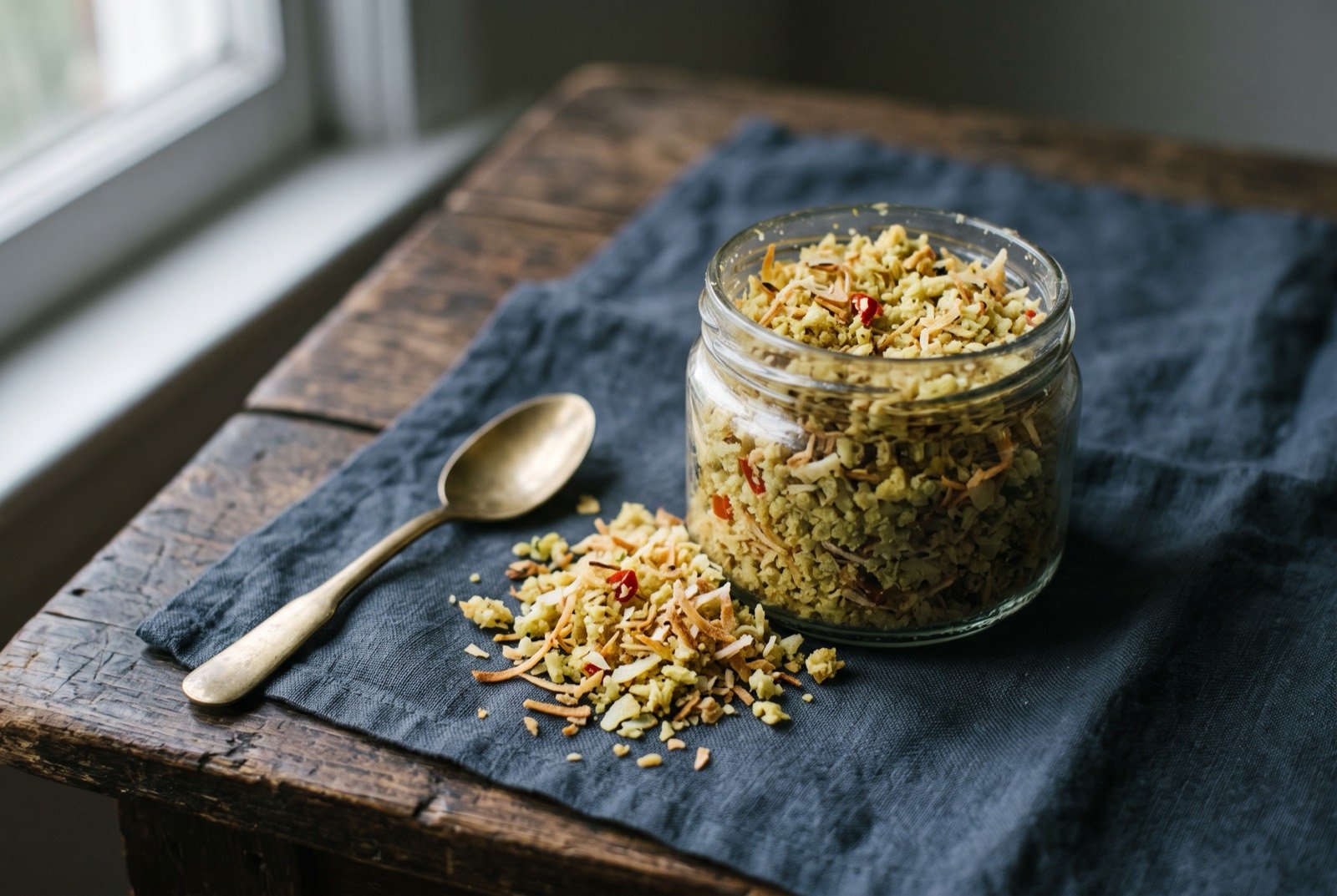 Palapa, the Maranao cooked relish of pounded sakurab, ginger, turmeric, chilli and toasted coconut: a small open glass jar of a dry, pale yellow-green relish flecked visibly with shredded toasted coconut and small pieces of red chilli.
