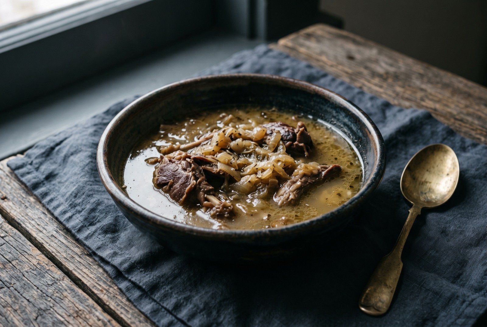 Palaugaaq, wild duck and goose stew: a deep bowl of pale golden broth thickened to a light gravy, dark pieces of duck falling from the bone within it, a scattering of soft cooked onion visible at the surface.