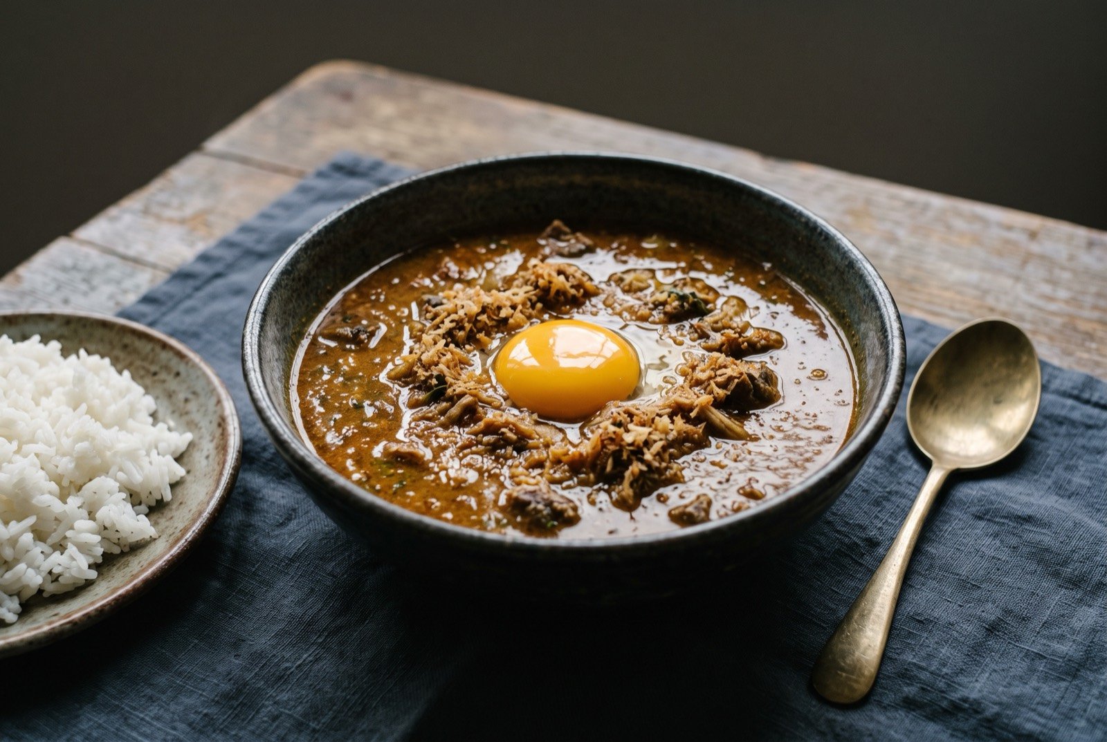 Pallubasa, beef and offal soup thickened with roasted coconut and finished with a raw egg yolk: a dark, dense reddish brown soup in a wide bowl, a whole raw egg yolk sitting unbroken on its surface just beginning to soften from the broth's heat.