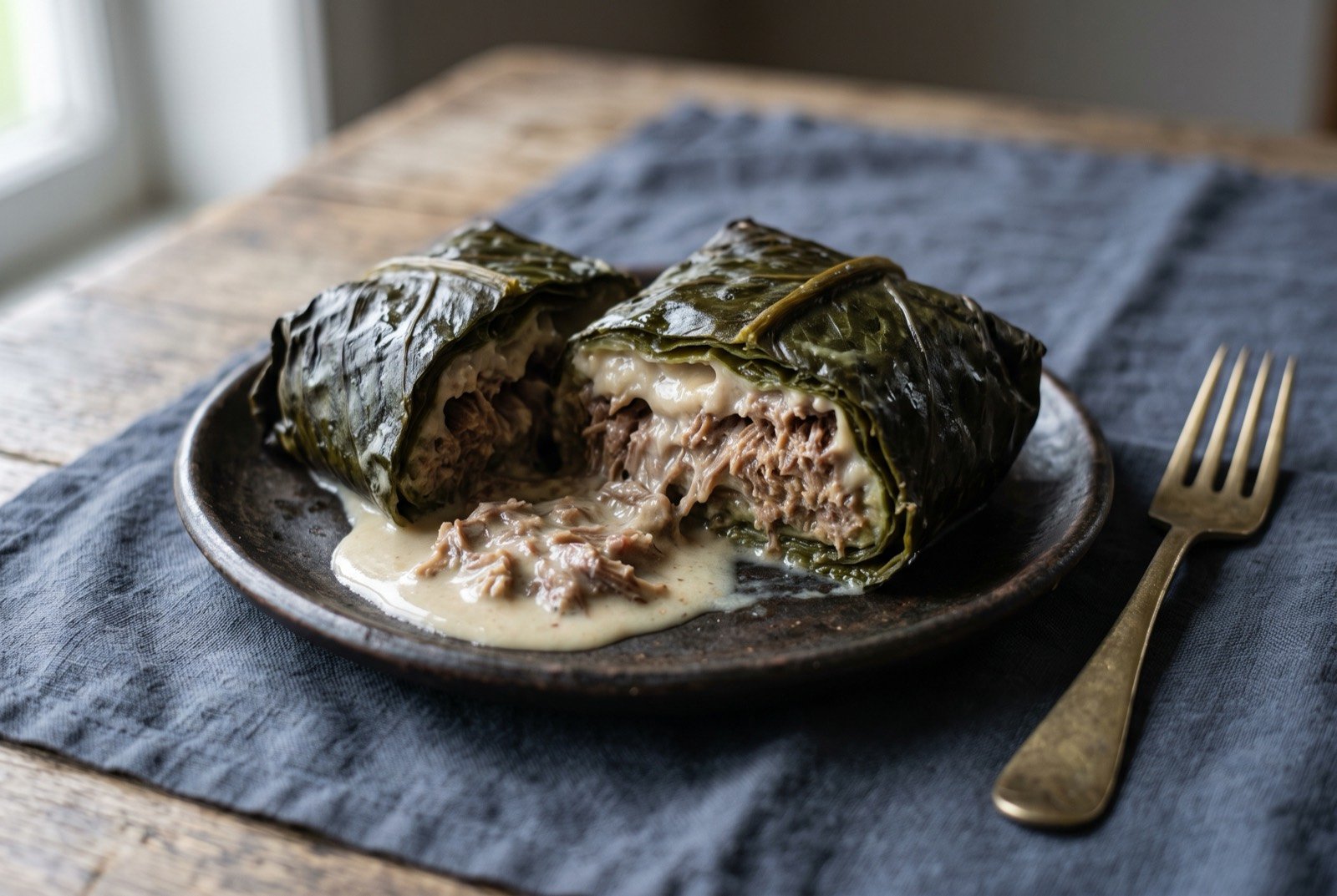 Palusami, taro leaf parcels with coconut cream and corned beef: a dark green, tightly wrapped taro leaf parcel sliced open on a plate, revealing pale, glossy coconut cream and shreds of corned beef inside.