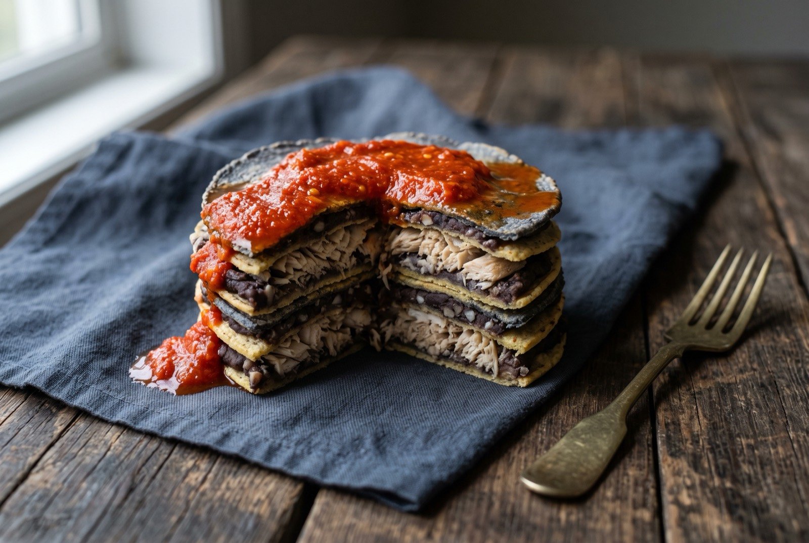 Pan de cazón, layered tortillas with shredded shark, beans and habanero sauce: a neat stack of layered tortillas seen in cross section, dark bean purée and pale shredded fish visible between each layer.