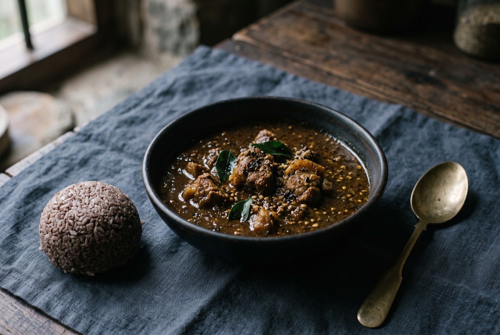 Pandi curry, Kodava pork curry soured on dark kachampuli vinegar: a dark bowl of deep brown, almost black pork curry with visible coarse flecks of black pepper and coriander seed throughout.