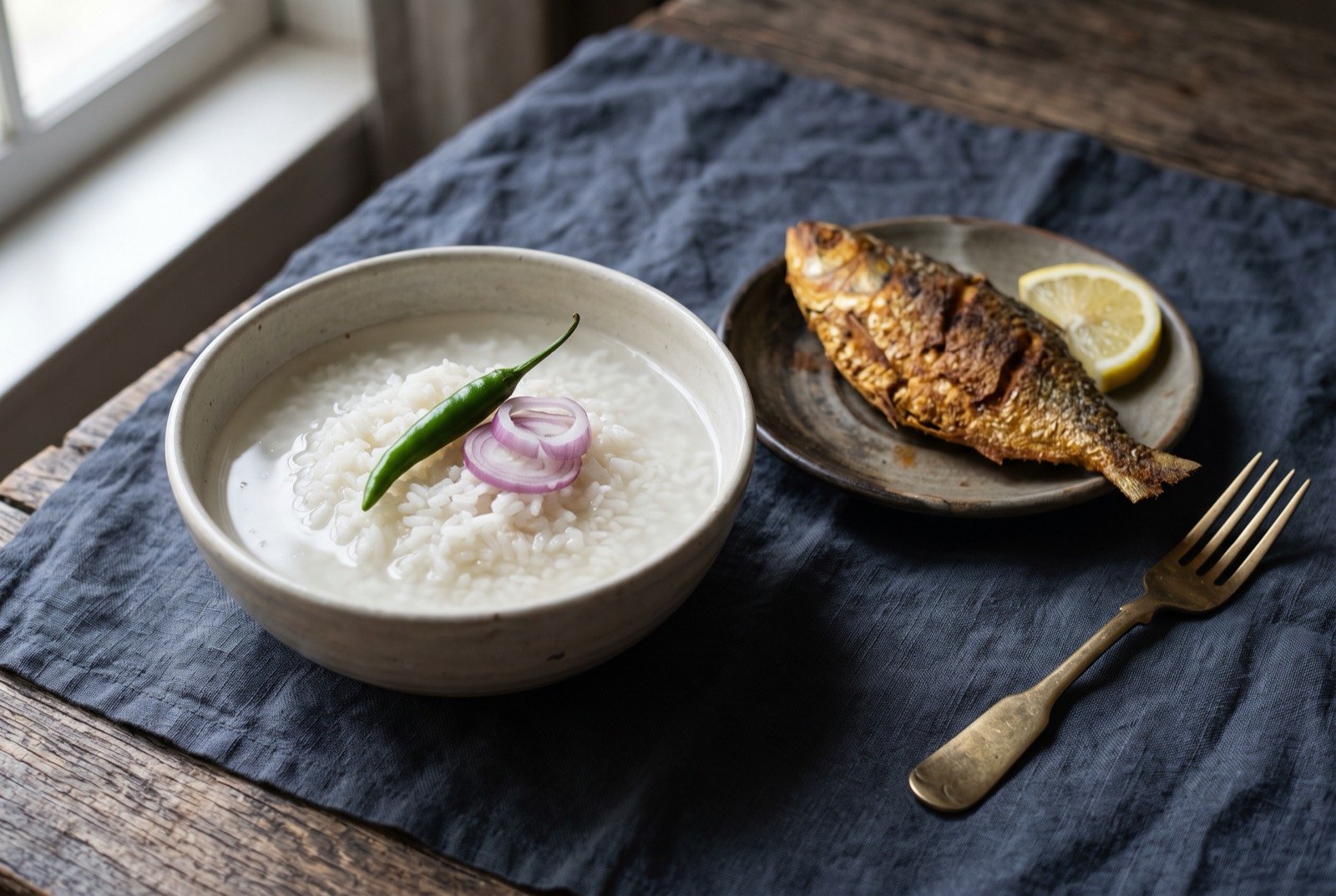 Panta bhat and fried ilish, soaked rice with crisp fried hilsa: a plain bowl of pale, softened rice sitting in its own cloudy soaking water, a whole green chilli and a few slices of raw onion resting on top.