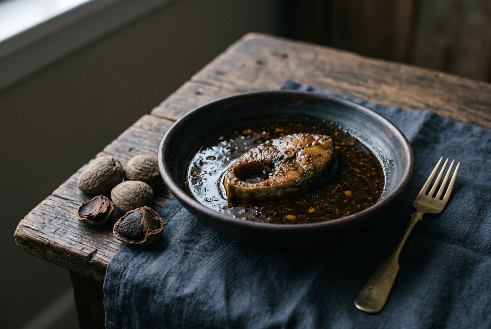 Pantollo pamarrasan, freshwater fish in a black kluwak spice broth: a shallow dark bowl of near-black, glossy broth, a whole fish steak sitting just beneath the surface, a few whole kluwak nuts resting on the board beside the bowl.