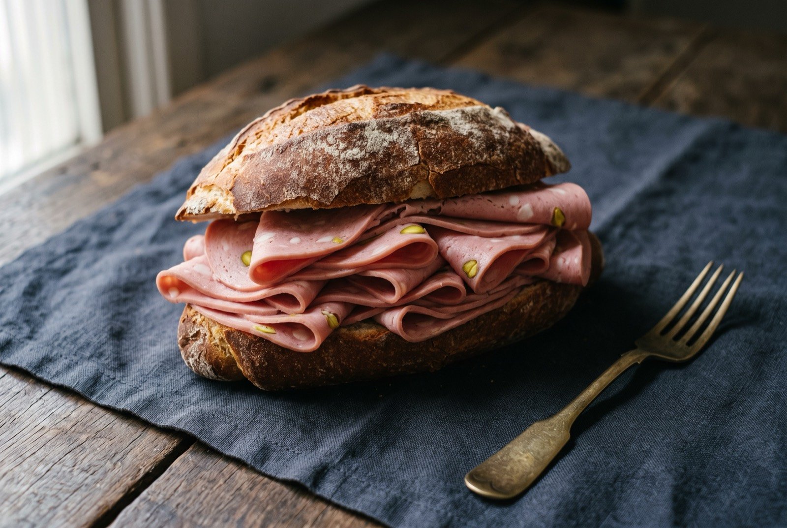 Pão com mortadela, the Mercadão's mortadella sandwich: a thick crusty bread roll split and stuffed generously with many folded, thick-cut pale pink slices of mortadella studded with visible flecks of fat and pistachio.