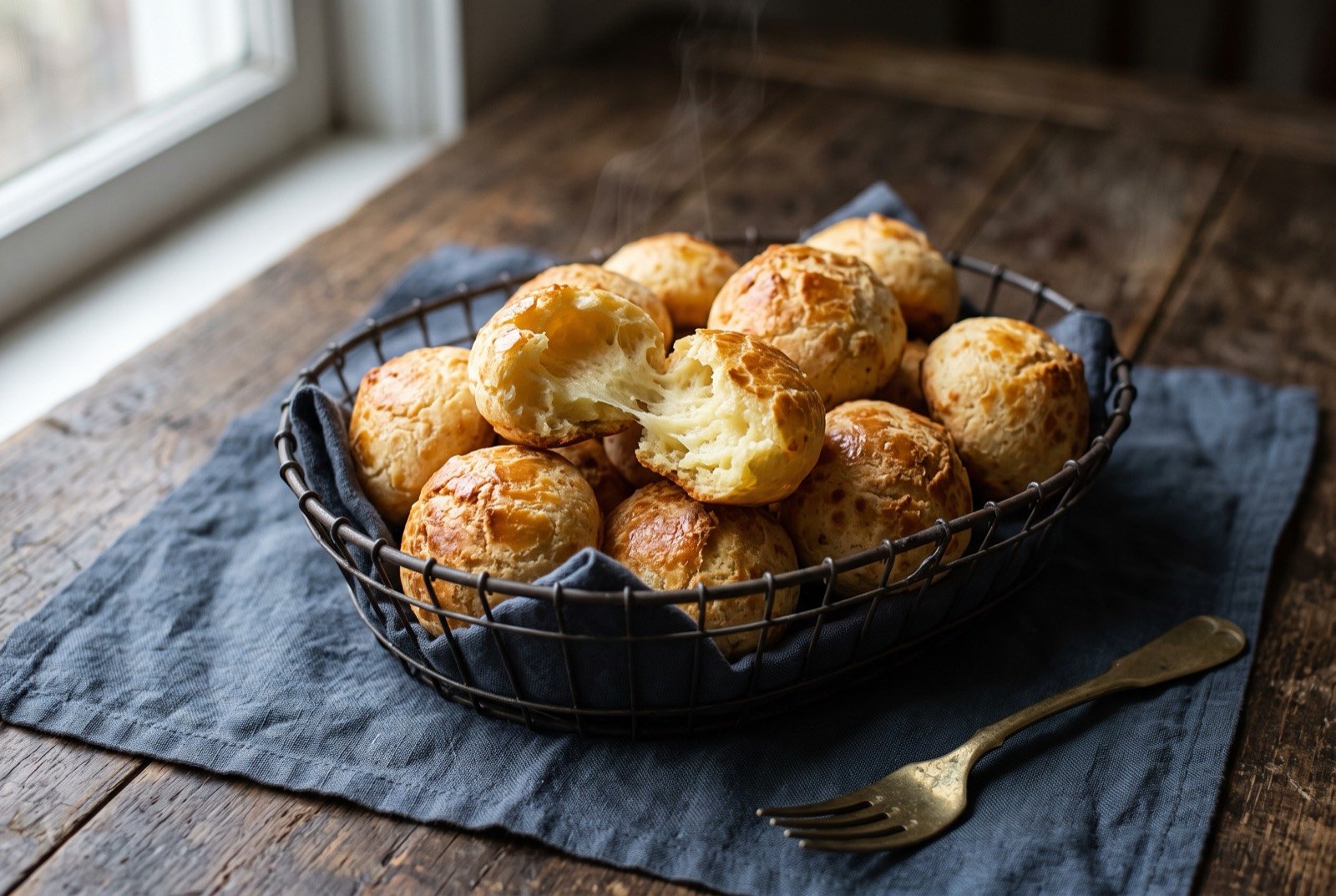 Pão de queijo, baked cassava starch and cheese rolls: a rustic wire basket piled with small golden domed rolls, their crusts deeply cracked and glossy, one torn open to reveal a dense.