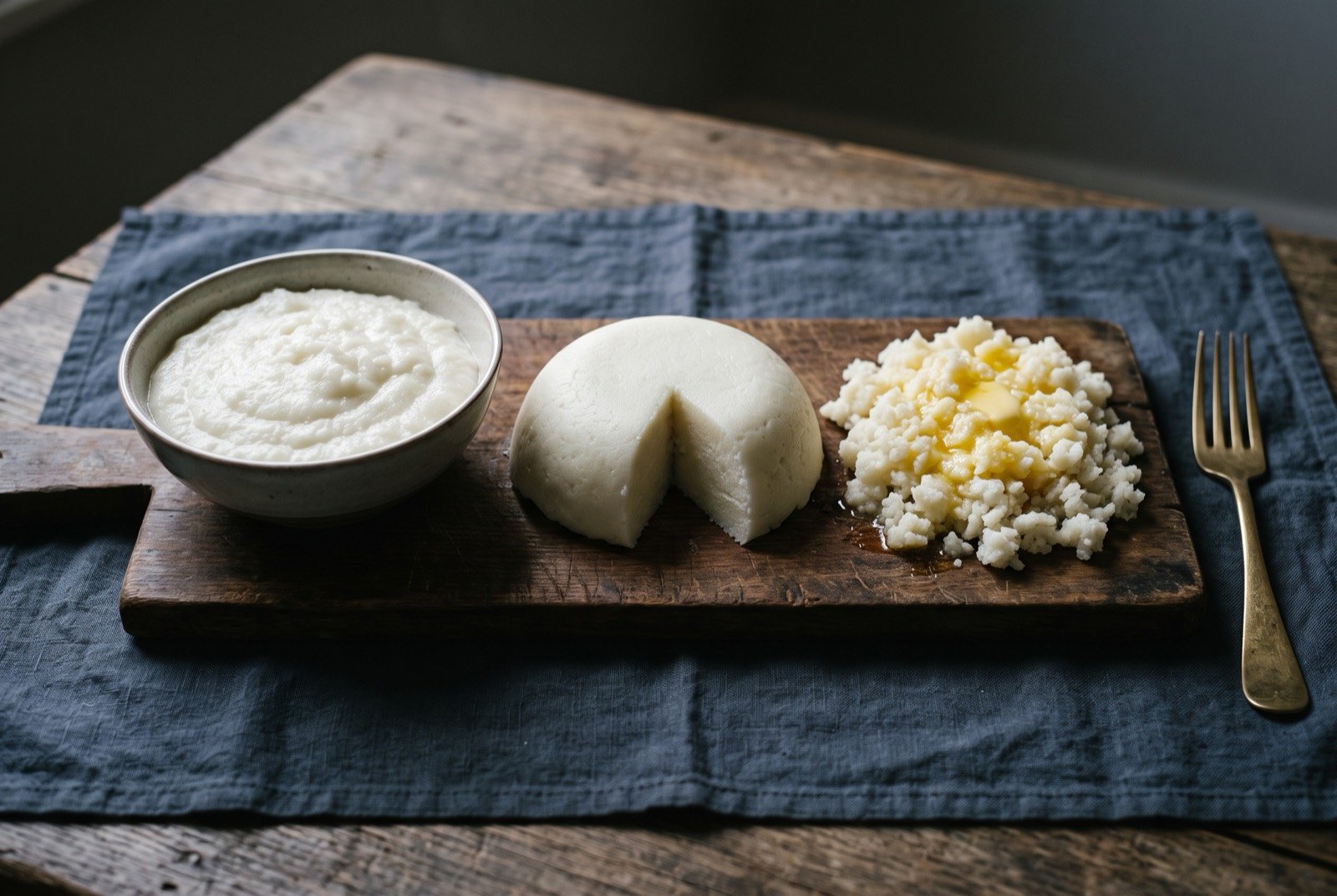 Pap, three ways: three servings of white maize meal side by side on one board: a loose pourable porridge in a bowl, a firm smooth mound holding a clean cut edge.