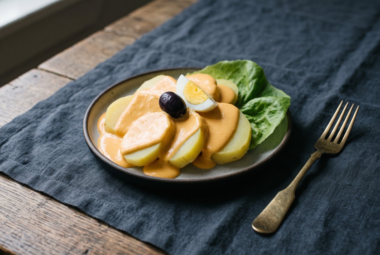 Papa a la huancaína, potatoes in a cheese and chilli sauce: thick slices of pale yellow boiled potato fanned across a plate, coated in a smooth pale orange sauce, a black olive and a quarter of boiled egg resting on top.