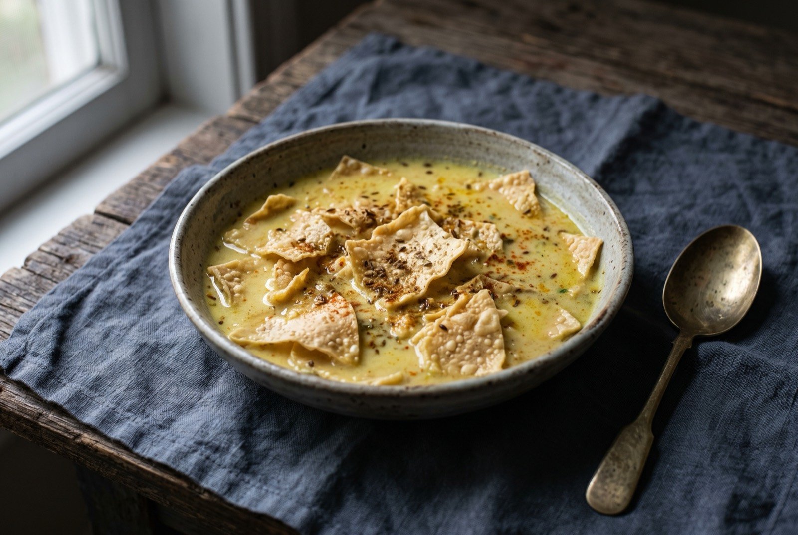 Papad ki sabzi, sun-dried lentil wafer simmered in a thin spiced yoghurt gravy: a shallow bowl of broken pale golden papad pieces suspended in a thin, faintly yellow yoghurt gravy, the papad edges still slightly crisp against the softer centre.