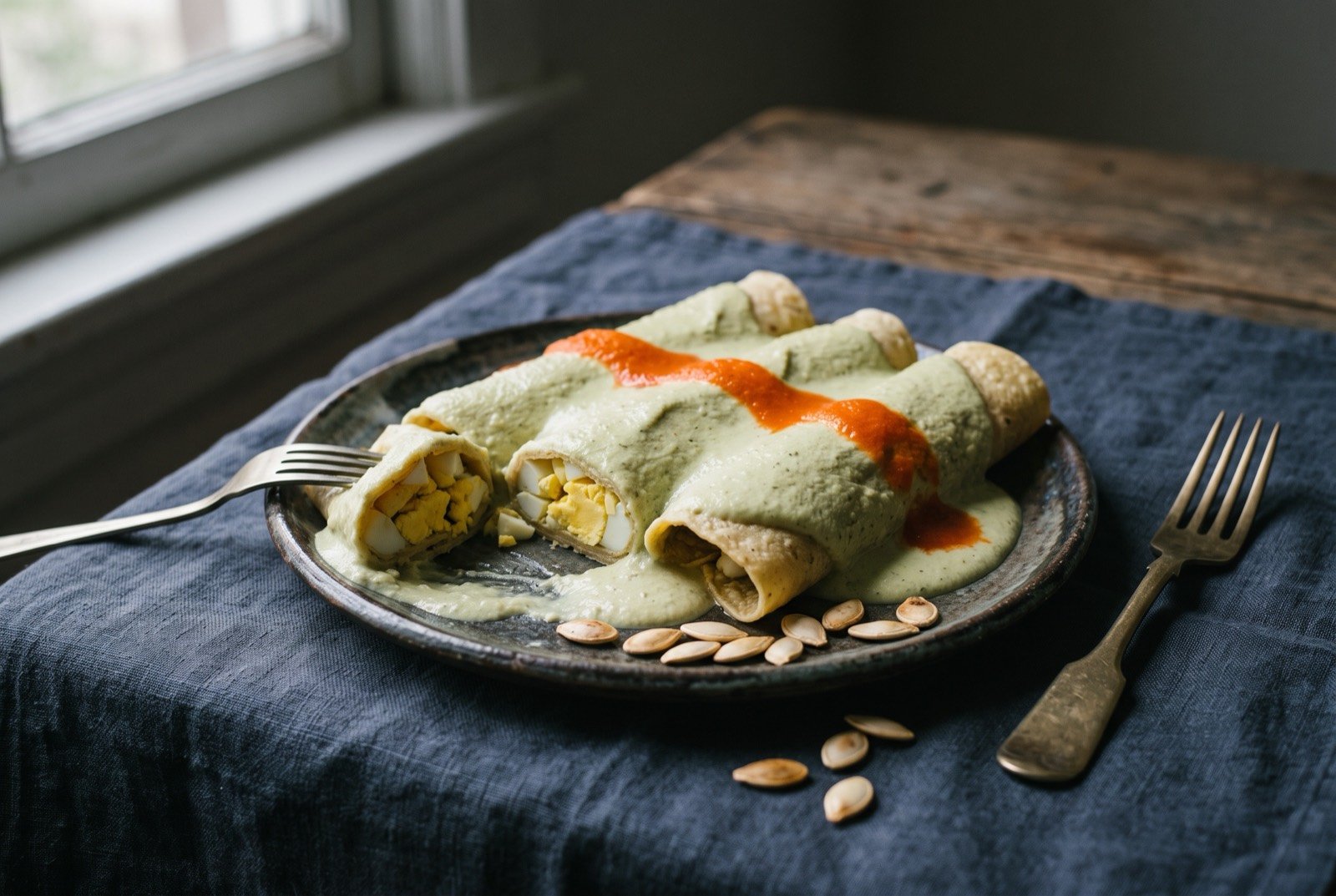 Papadzules, egg filled tortillas bathed in pumpkin seed sauce: three rolled corn tortillas coated in a pale, faintly green pumpkin seed sauce, a thin bright orange red tomato sauce spooned in a ribbon across the top.
