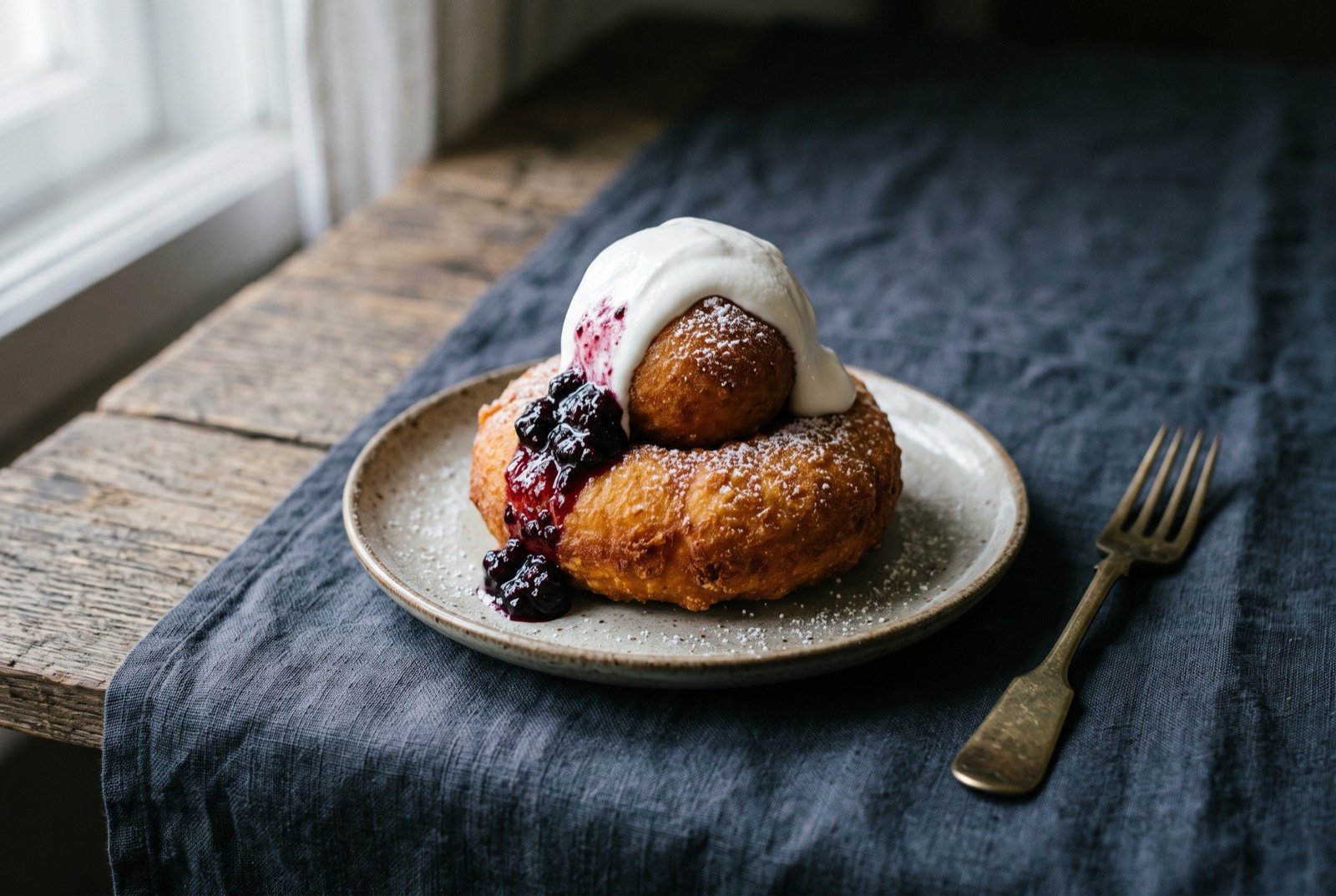 Papanași, Romanian fried cheese dumplings with sour cream and jam: two golden fried cheese dumplings stacked on a plate, one large ring shaped and one small round ball balanced on top, a generous dollop of white soured cream crowning it with a bright spoonful of dark red berry jam trailing down the side.