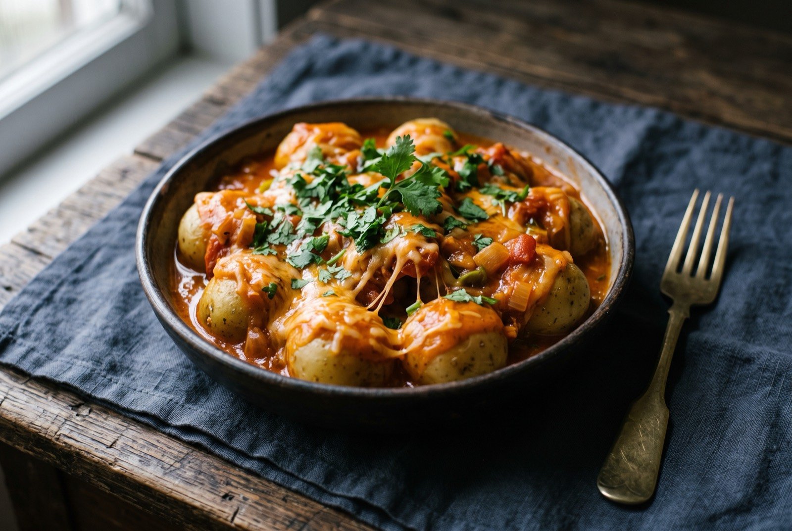 Papas chorriadas, boiled potatoes under a tomato and cheese sauce: a rustic bowl of small whole boiled potatoes drenched in a glossy orange red tomato and cream sauce, strands of melted cheese pulling from the surface.