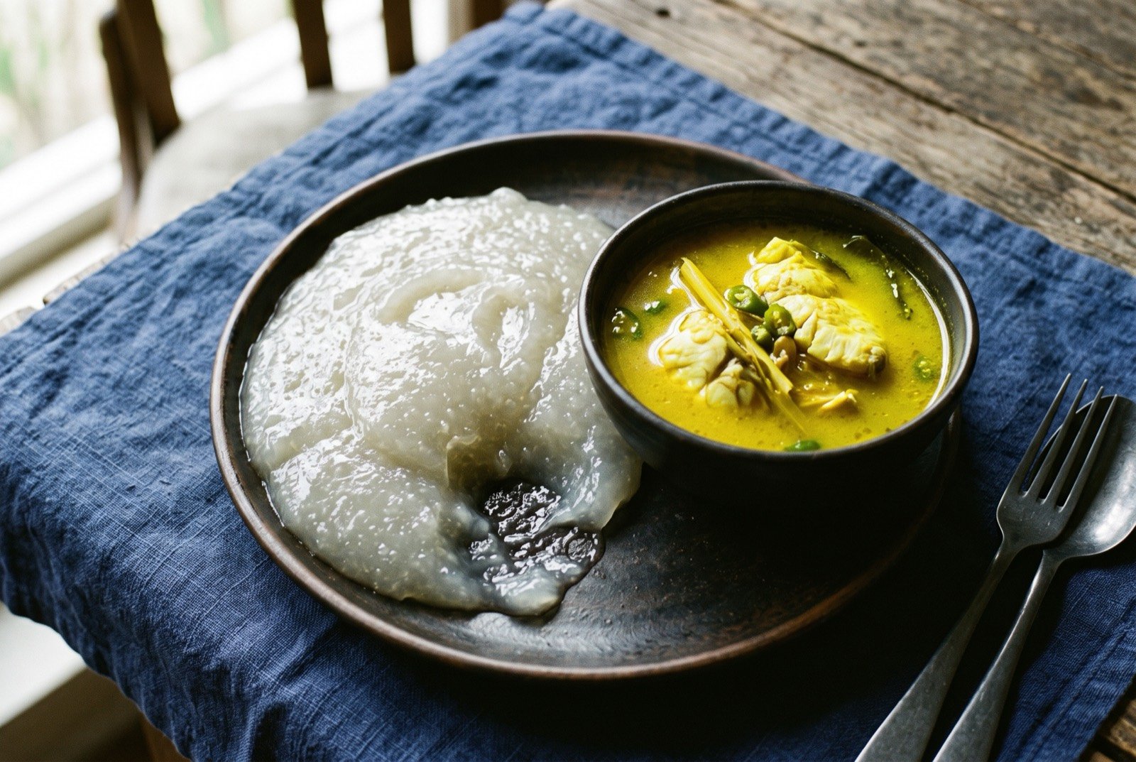 Papeda, a sticky sago porridge served beside ikan kuah kuning, a bright turmeric yellow fish soup: a mound of translucent, glossy white sago porridge lifted onto a dark plate beside a small bowl of vivid yellow turmeric fish soup.