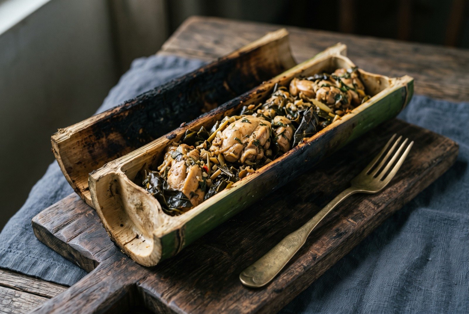 Pa'piong, chicken and herbs cooked inside a bamboo tube over an open fire: a length of green bamboo split open lengthways, its exterior charred and blackened from the fire, revealing tender, herb-flecked chicken and dark cooked leaves packed tightly within.