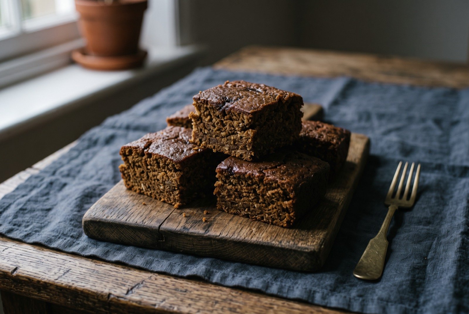 Parkin, Yorkshire oat and treacle gingerbread: thick dark brown squares of dense, moist gingerbread cake with a slightly sticky, matte surface, cut from a whole tray and stacked unevenly on a wooden board.