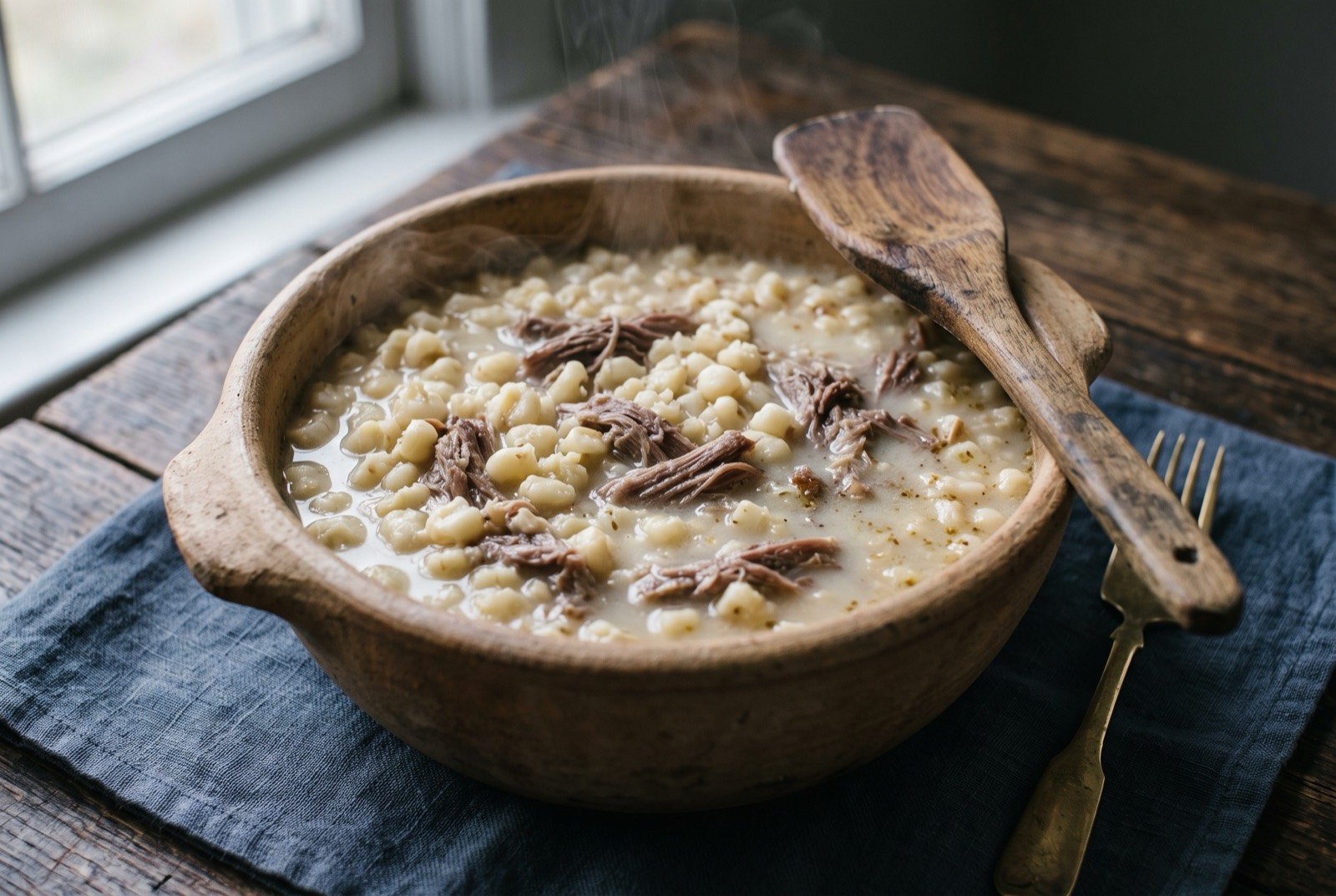 Pashofa, cracked corn and pork simmered together: a plain earthenware pot of pale, softened cracked corn kernels suspended in a thin, milky white broth, tender shreds of pork visible throughout.