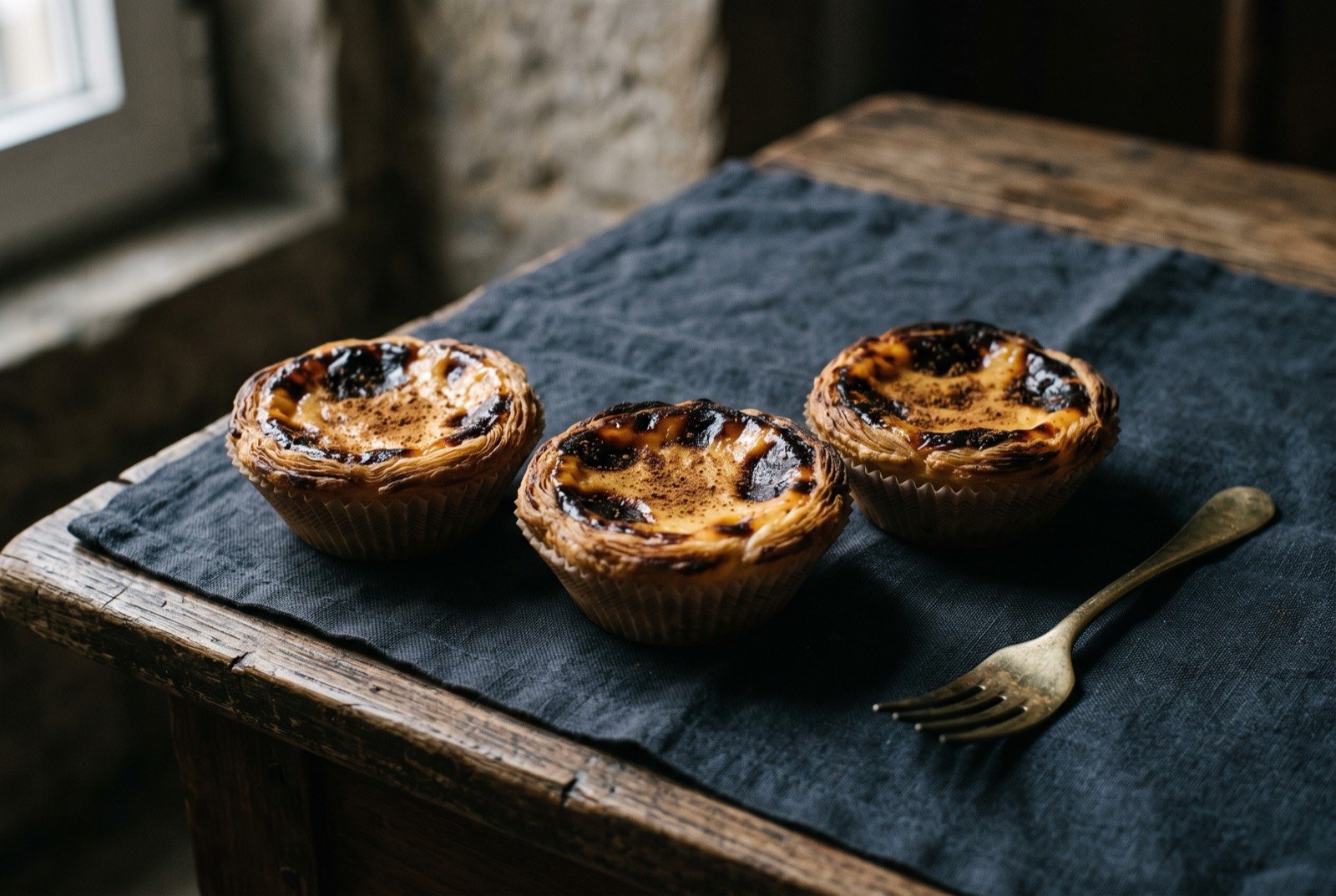 Pastéis de nata, custard tarts with a deeply blistered top: three small round custard tarts standing upright, their tops deeply blistered and near black in patches against a pale golden custard beneath.