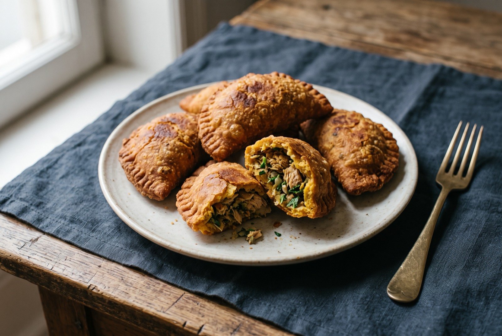 Pastel com o diabo dentro: Small deep fried maize and sweet potato turnovers, deep golden and blistered, the surface crackled rather than smooth and the folded seam pressed closed along one curved edge.