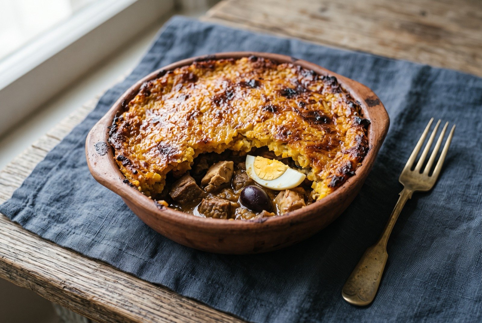Pastel de choclo, a beef and chicken pie under a sweet corn crust: a rustic earthenware dish showing a deeply browned, blistered golden corn topping with distinct caramelised patches, a small breach at the edge revealing a dark savoury filling of shredded meat.