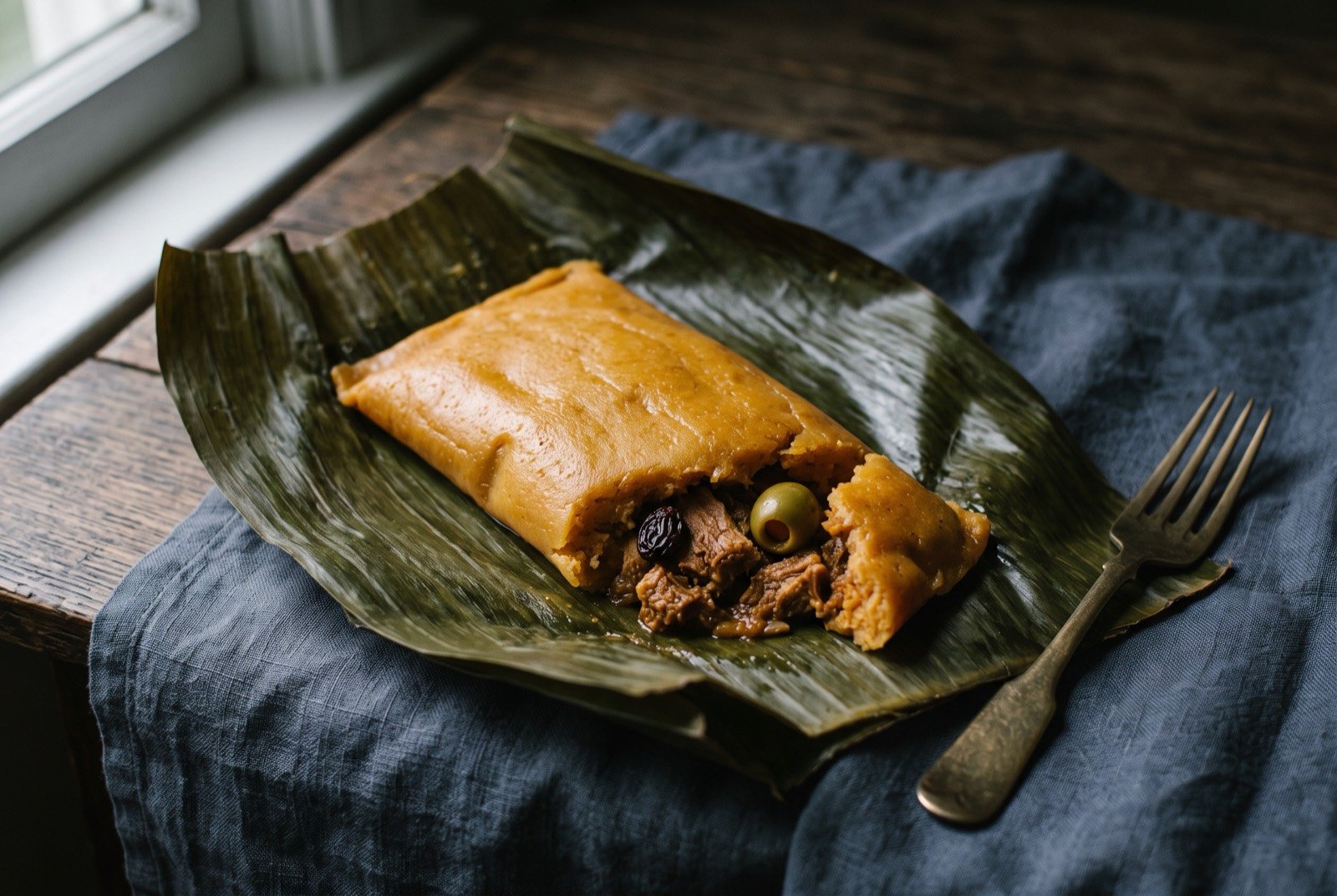 Pasteles, Puerto Rican plantain and pork parcels steamed in banana leaf: a single unwrapped banana leaf parcel, the leaf peeled back to reveal a smooth golden orange masa parcel, one corner broken open to show a dark seasoned pork filling with a raisin and an olive visible inside.