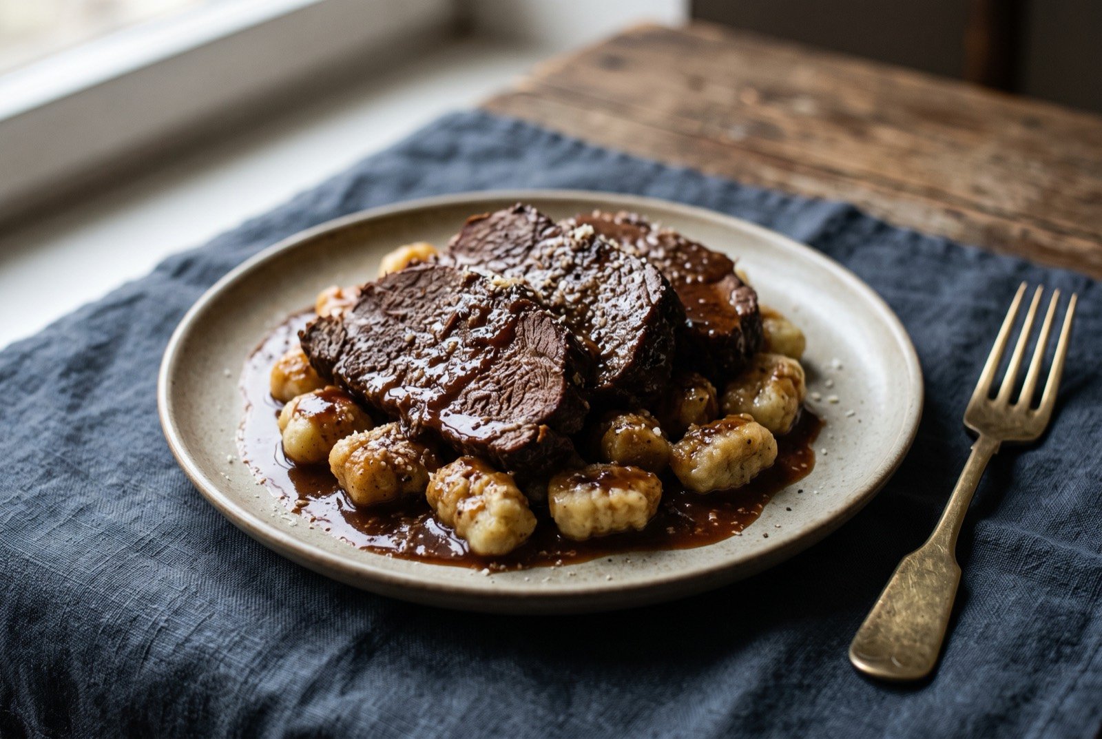 Pašticada, braised beef in a dark sweet-sour wine sauce: thick slices of dark, tender braised beef fanned across a bed of small potato gnocchi, a glossy, deep brown-red sauce spooned generously over both.