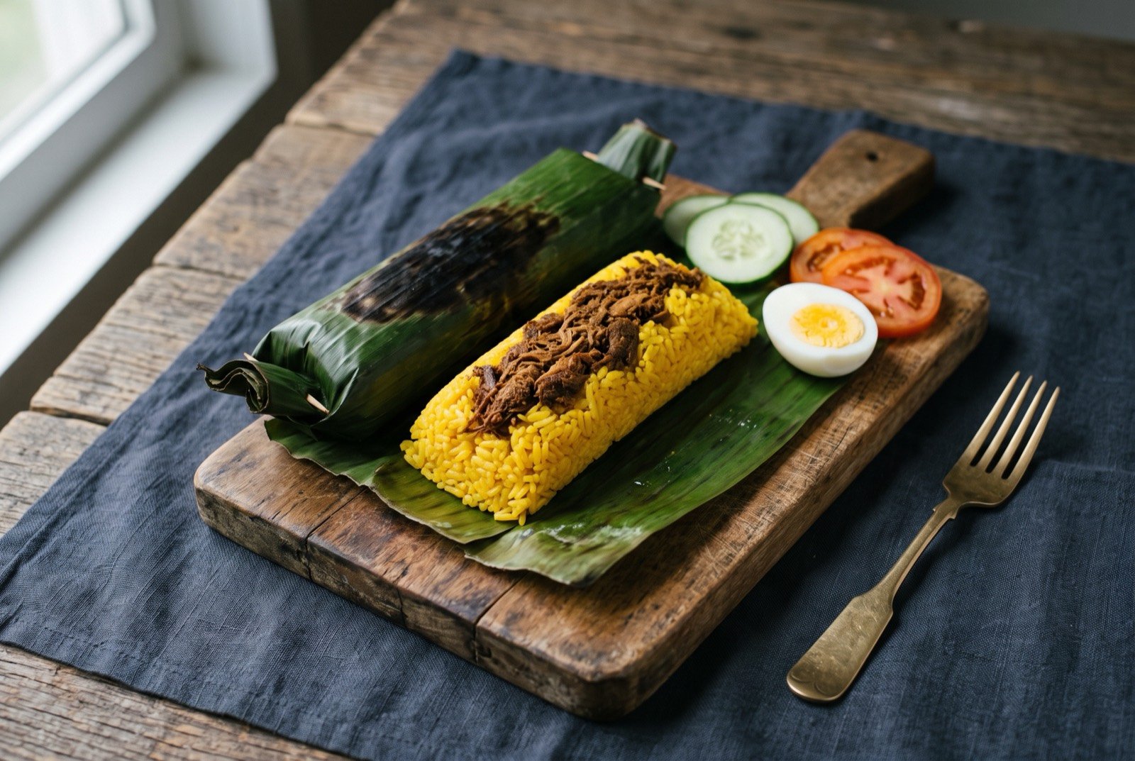 Pastil, steamed rice and dry-sautéed shredded chicken wrapped in banana leaf, the Maguindanaon and Maranao breakfast: a cylinder of banana leaf half unwrapped on a wooden board, revealing bright turmeric-yellow rice topped with a dark, dry-sautéed strip of shredded chicken running along its length.