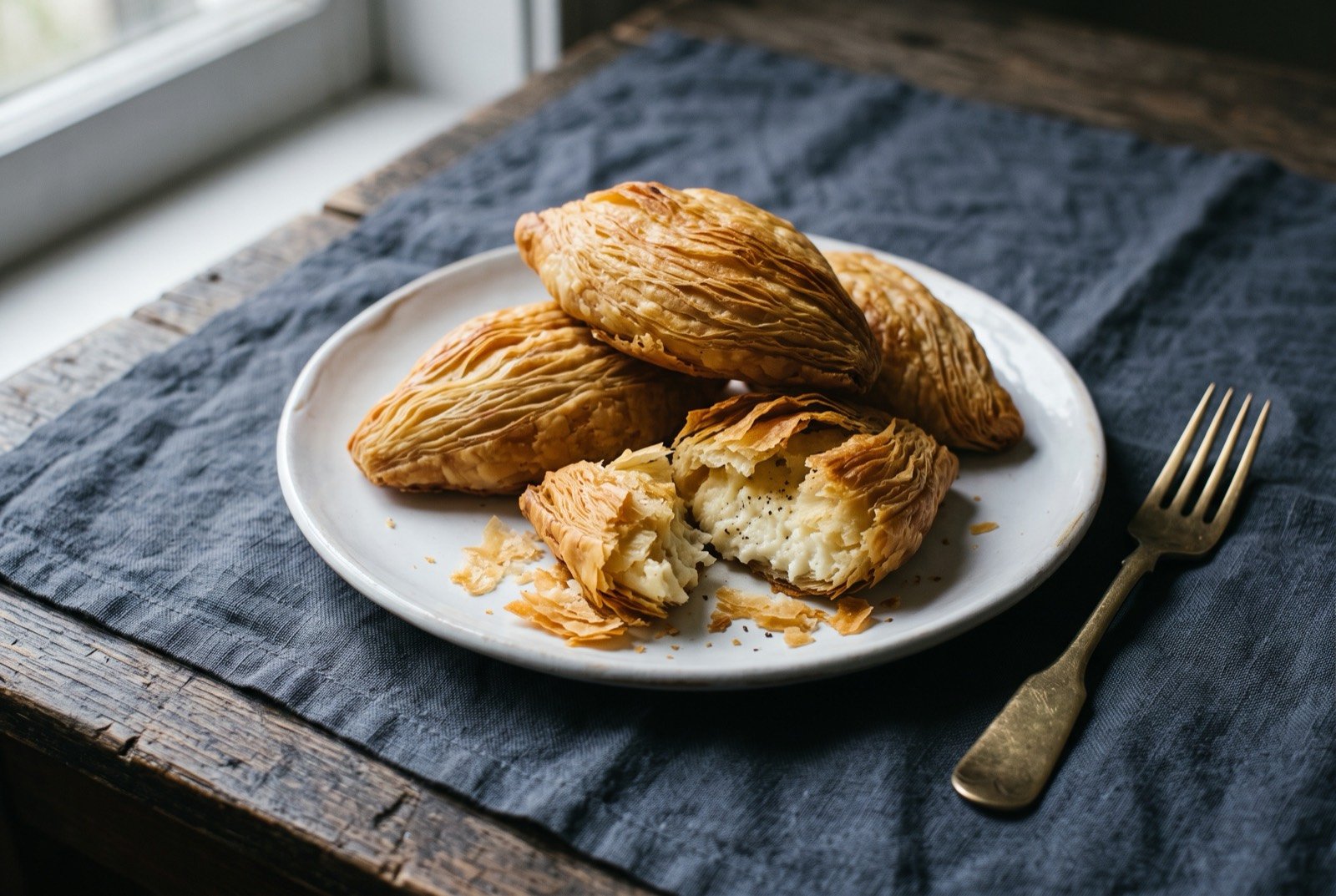 Pastizzi, flaky laminated Maltese pastries filled with ricotta or spiced mashed pea: a pile of golden brown, deeply flaky oval pastries with visibly shattered laminated layers, one broken open to show a soft white ricotta filling.