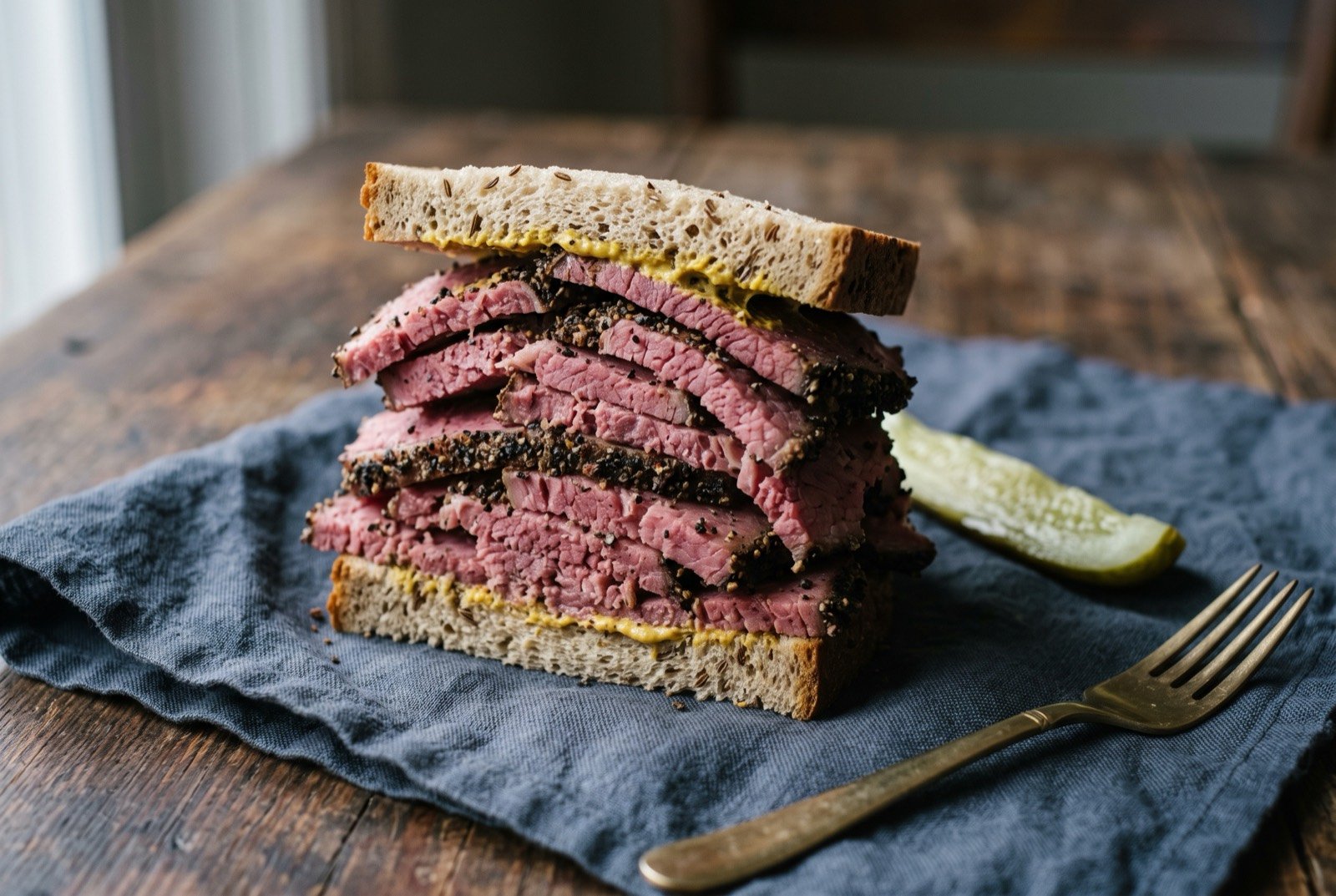 Pastrami on rye: a tall, precarious stack of hand cut, deep pink pastrami slices with a thick dark pepper and coriander crust visible at the edges.
