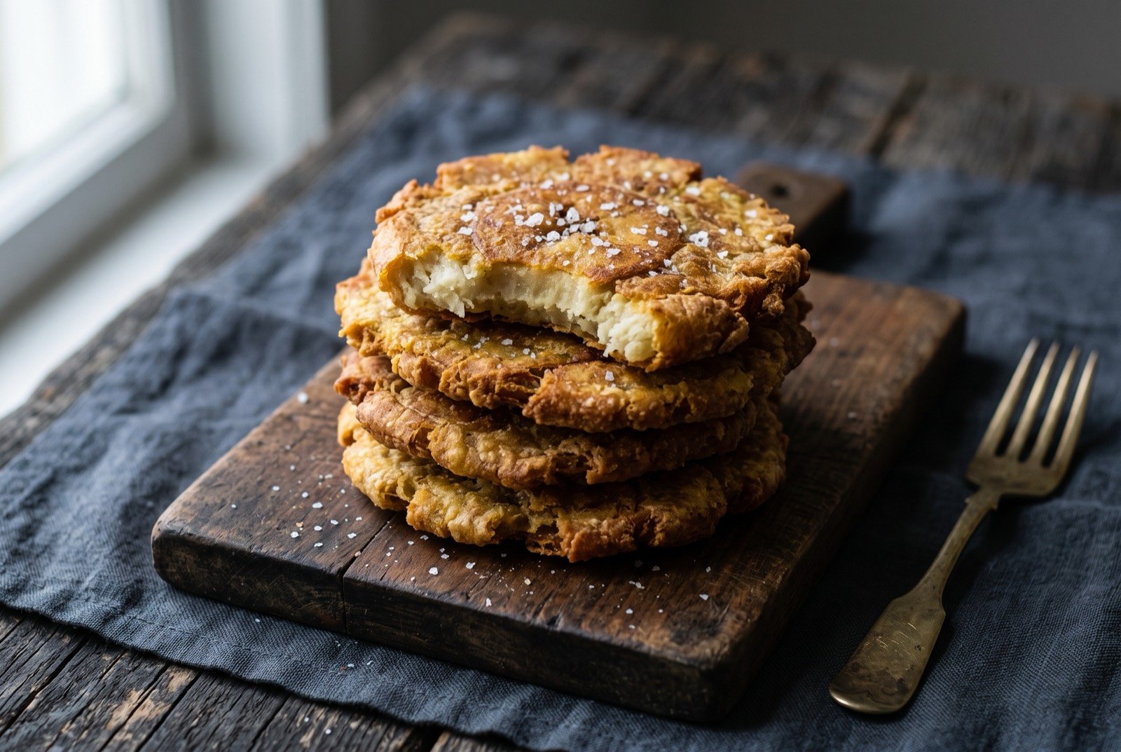 Patacones, twice-fried green plantain: a small stack of thick, golden brown, flattened plantain discs with a rough crackled surface and a pale creamy interior just visible at one broken edge.