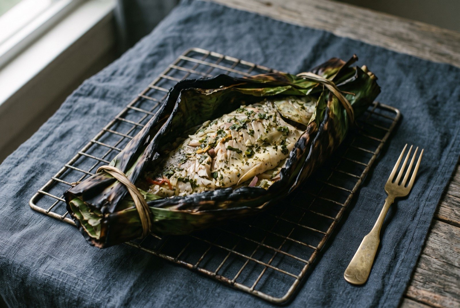 Patarashca, river fish grilled in bijao leaf: a whole river fish just visible within a charred, part-opened bijao leaf parcel on a grill grate, the leaf edges scorched dark.