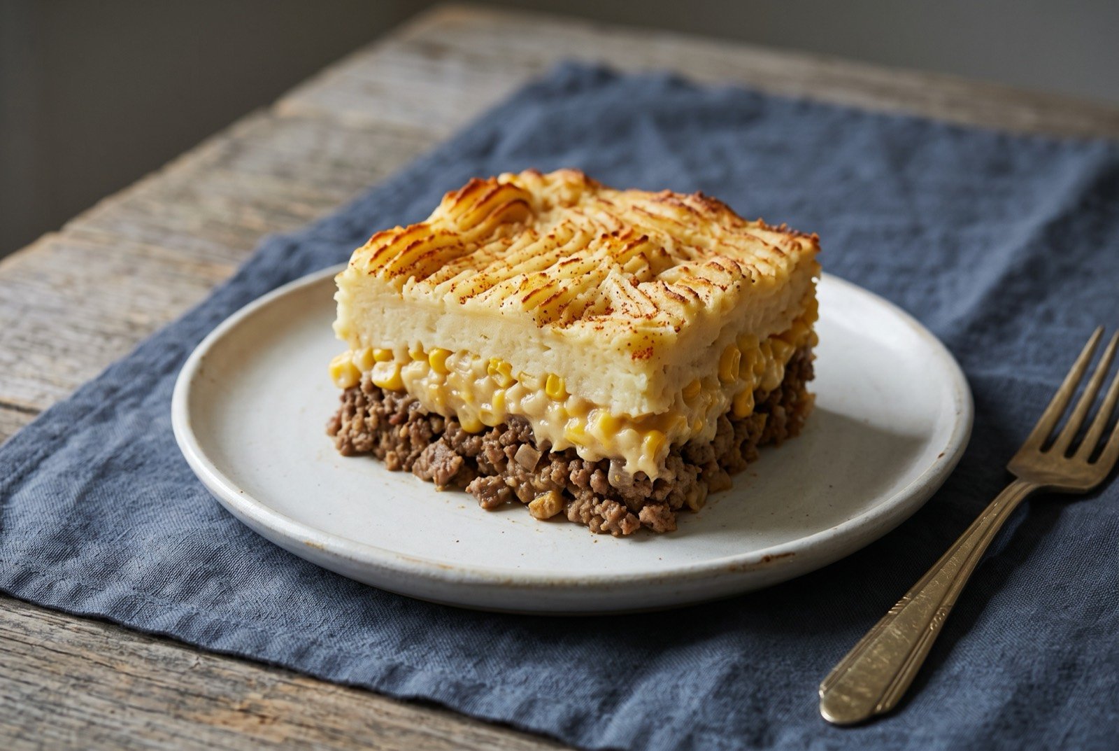 Pâté chinois, a layered beef, corn and potato bake: a square cut from a baked layered dish, showing three distinct bands from bottom to top, browned minced beef, pale golden creamed corn.