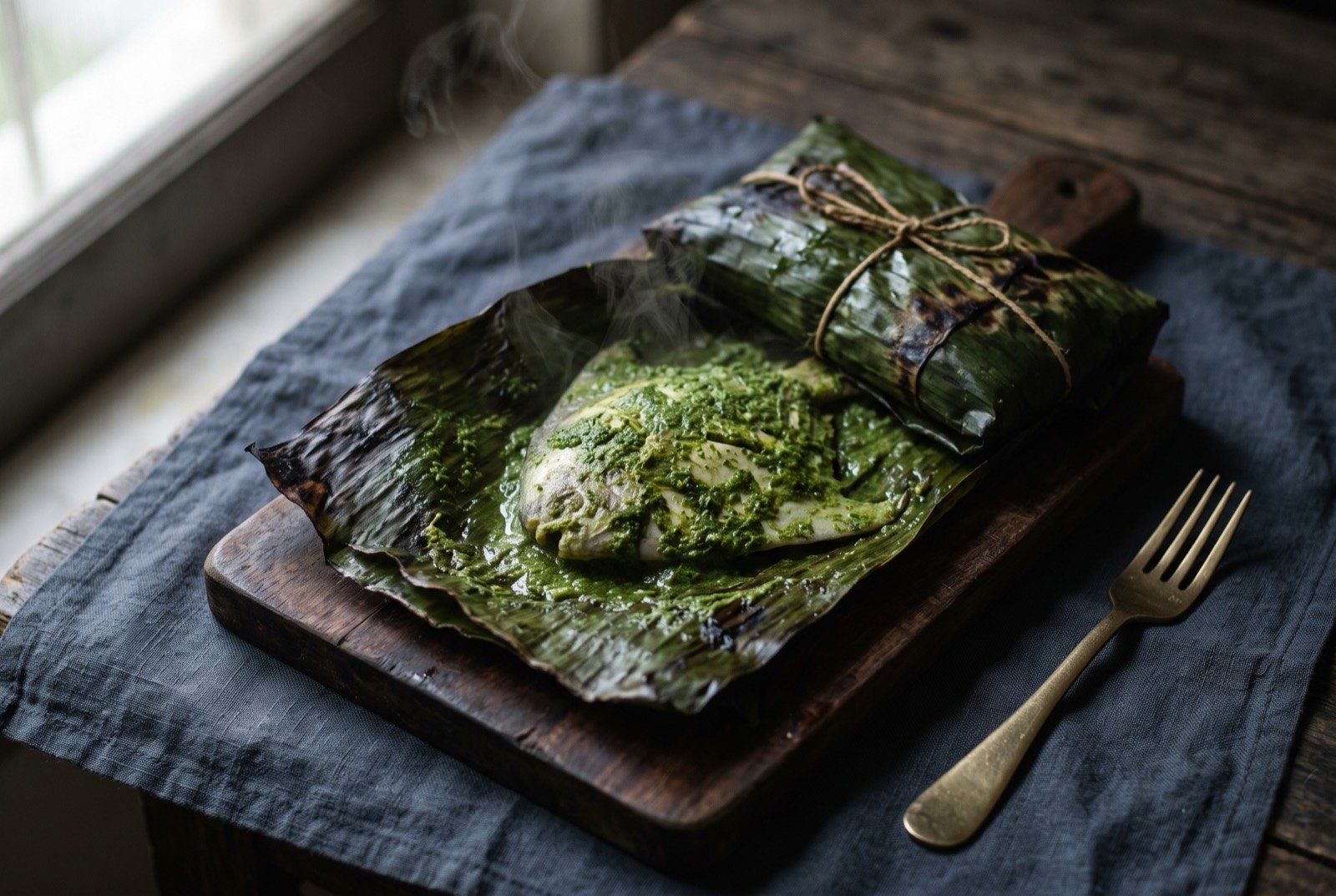 Patra ni machhi, Parsi fish steamed in a banana leaf: a folded banana leaf parcel opened to reveal a whole fish fillet coated in a vivid green coconut and coriander chutney, the leaf slightly charred at the edges.