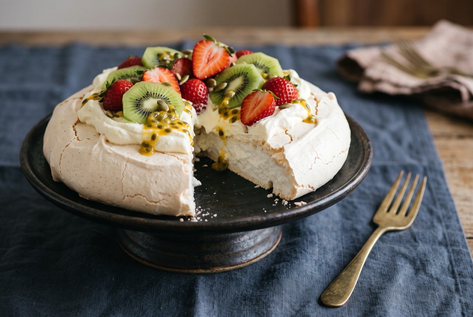 Pavlova, a single-layer meringue with a soft marshmallow centre: a wide pale cream meringue disc with a crisp, faintly cracked shell, cut open at the front edge to reveal a soft, marshmallow-white interior.