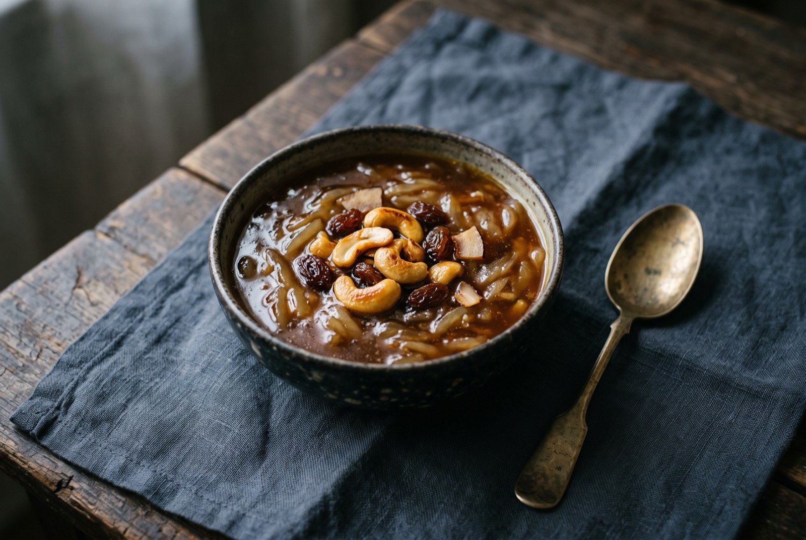 Payasam, a festival milk and rice pudding: a small bowl of pale creamy rice pudding, a scatter of golden fried cashews and raisins on top, the surface glossy with ghee.