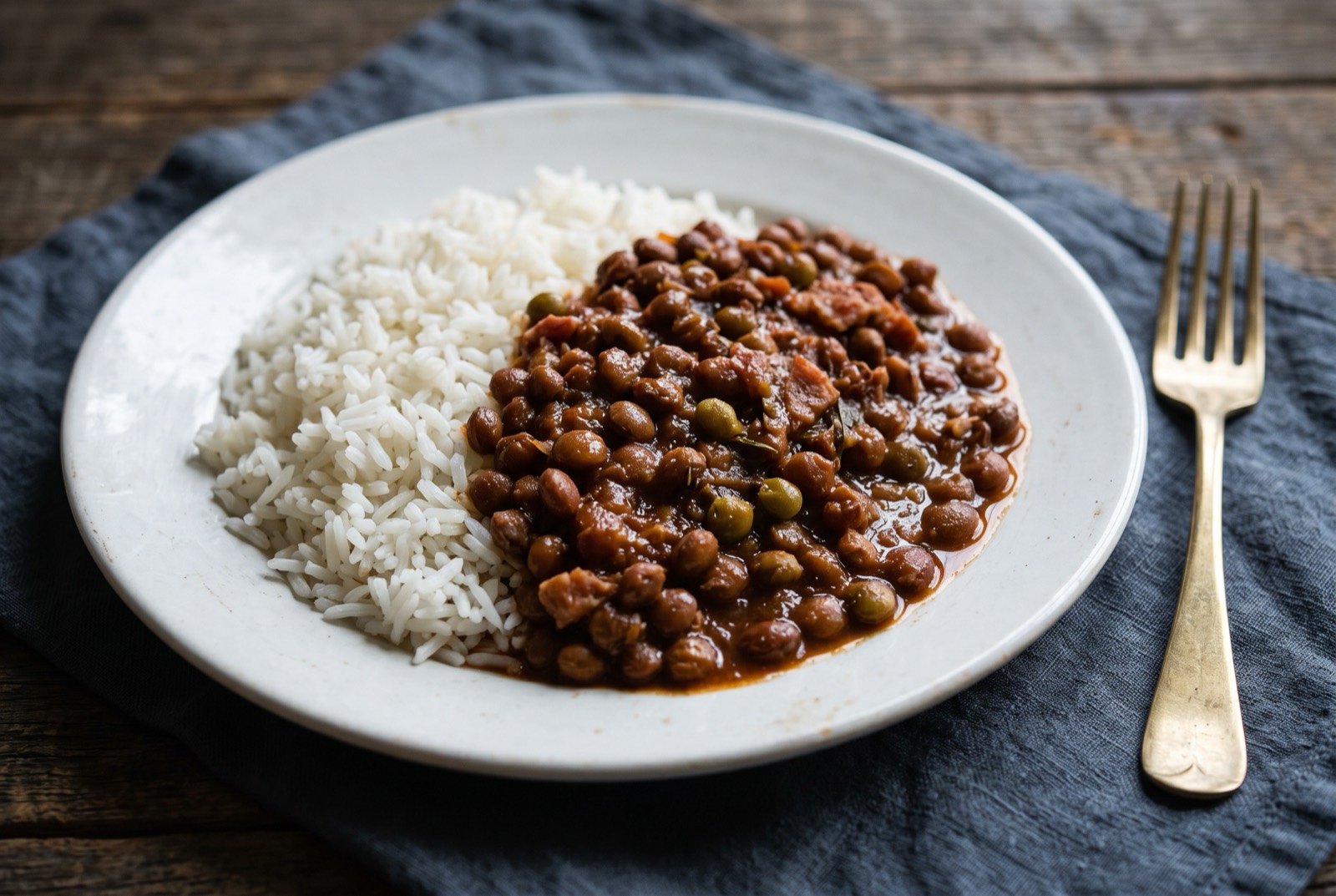 Peas and rice, pigeon peas in a browned tomato sauce with rice: a mound of white rice beside a dark reddish brown pile of pigeon peas in a glossy tomato sauce, a few flecks of rendered salt pork visible through the peas.