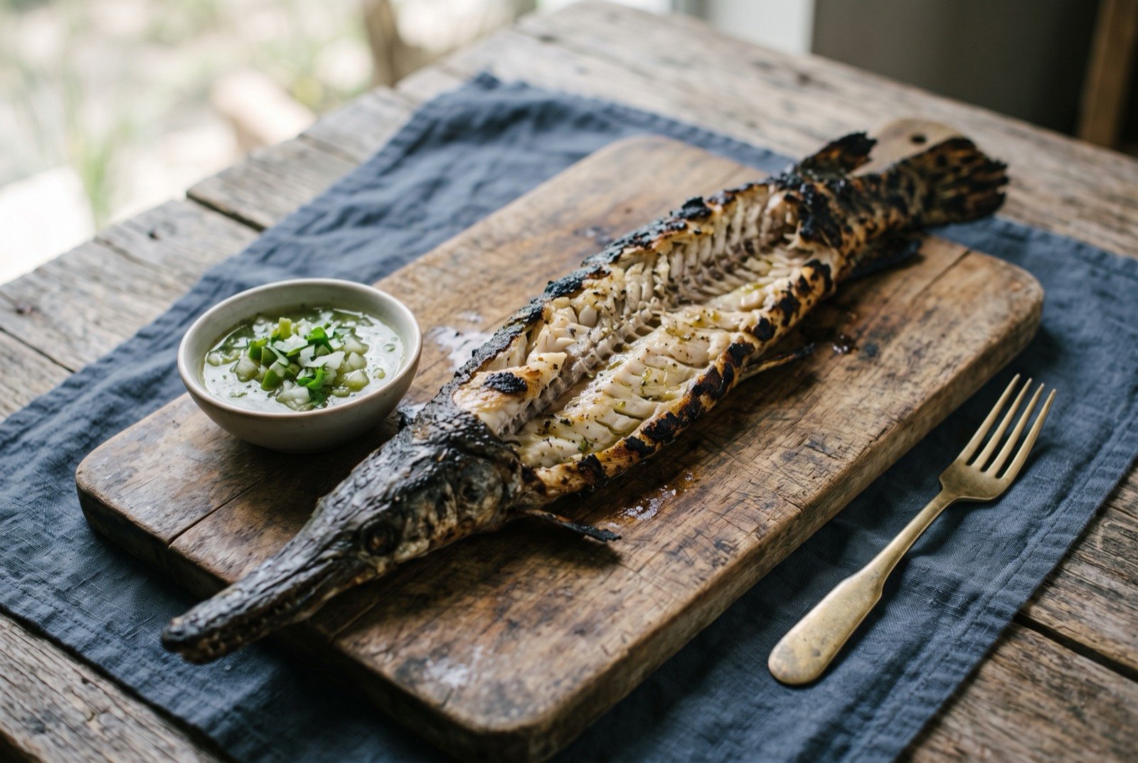 Pejelagarto asado, a whole grilled gar fish split open: a long, bony whole fish with dark charred skin, split open lengthways along a rustic board to reveal pale flesh, a small bowl of pale green chile and onion sauce resting beside it.