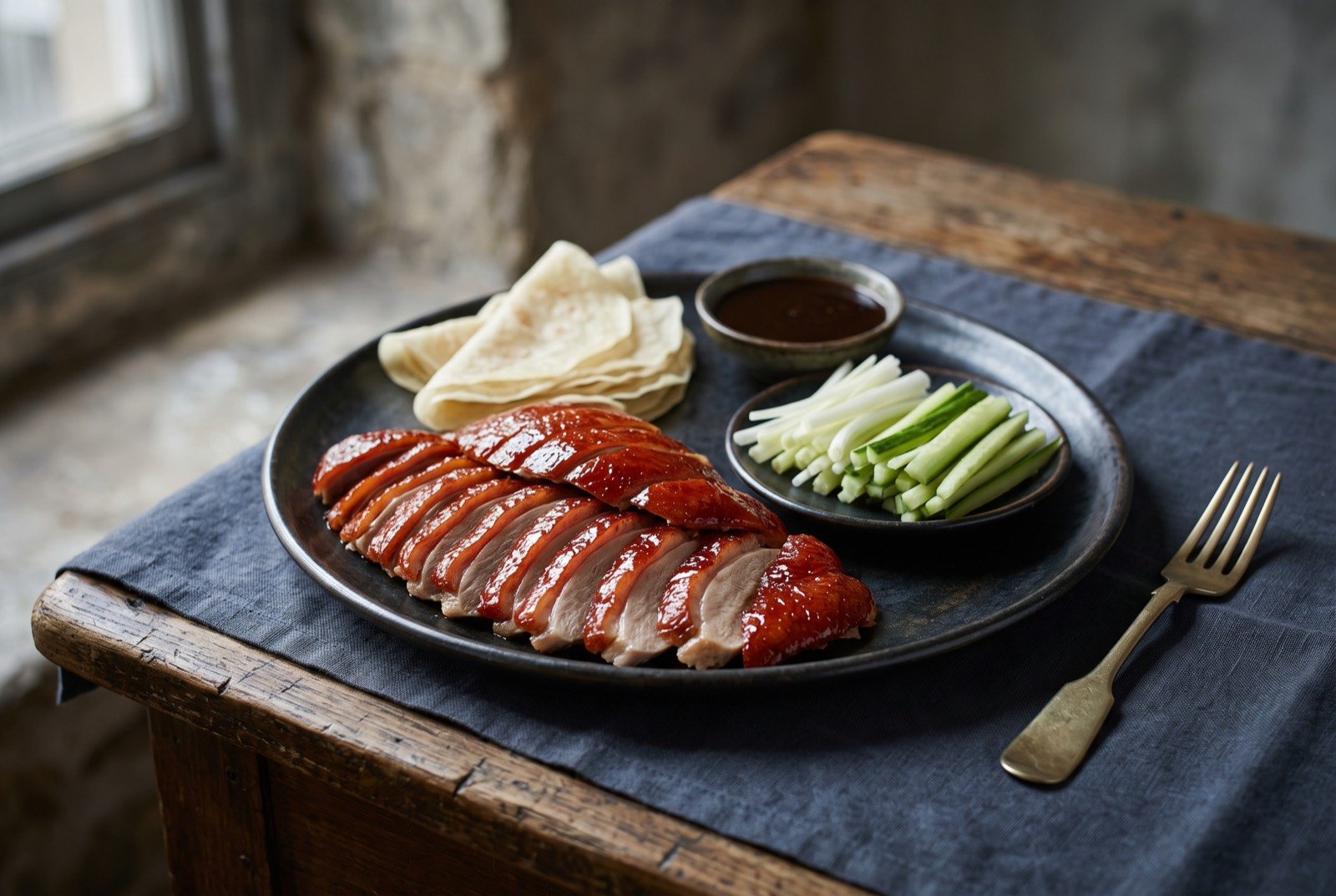 Peking duck, hung-oven roasted: a whole roast duck carved into thin, glossy jujube-red slices fanned across a dark plate, the crisp lacquered skin visibly separated from a thin ribbon of rendered fat and pale meat beneath.