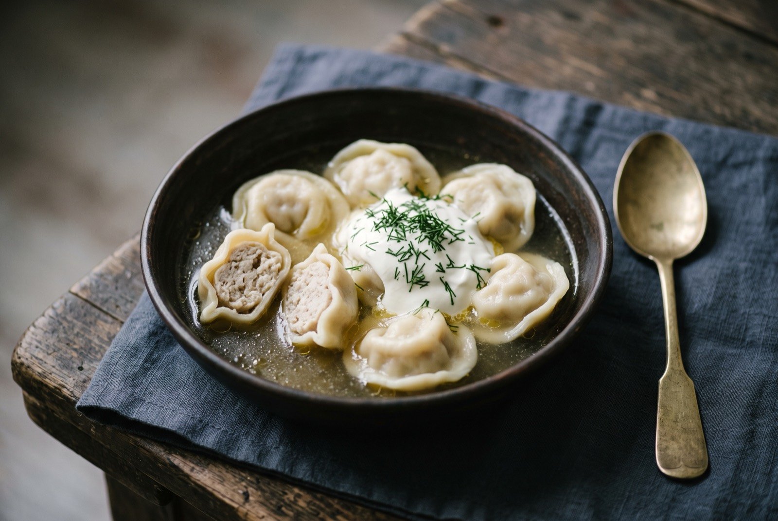 Pelmeni, hand shaped minced meat dumplings in a rich broth: small pale ivory dumplings with a taut, crimped edge, several sitting in a shallow pool of clear golden broth in a plain bowl.