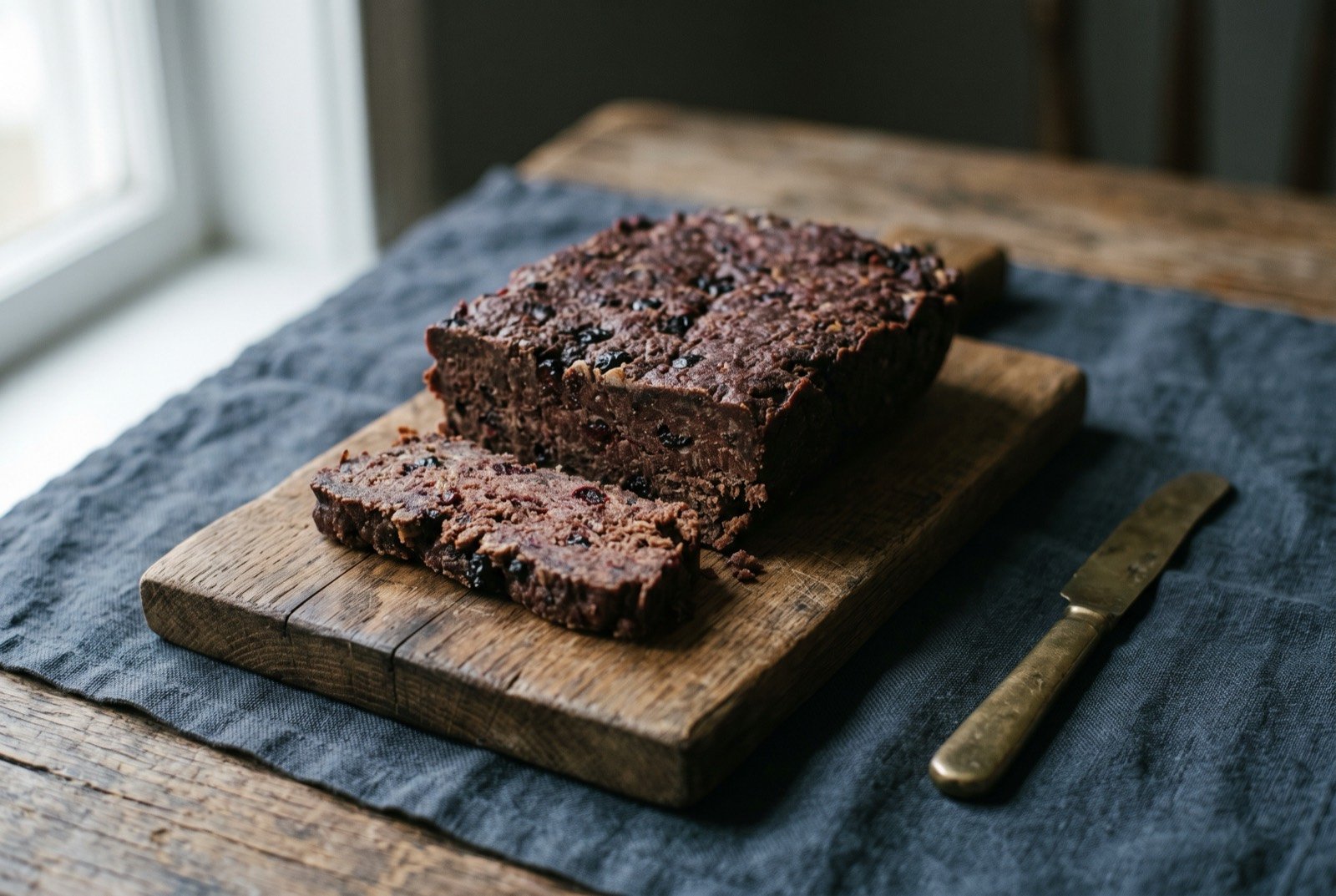 Pemmican, pounded dried meat, fat and berries pressed together: a dense, dark reddish brown block of pounded dried meat bound with pale rendered fat, dark flecks of dried berries pressed throughout.
