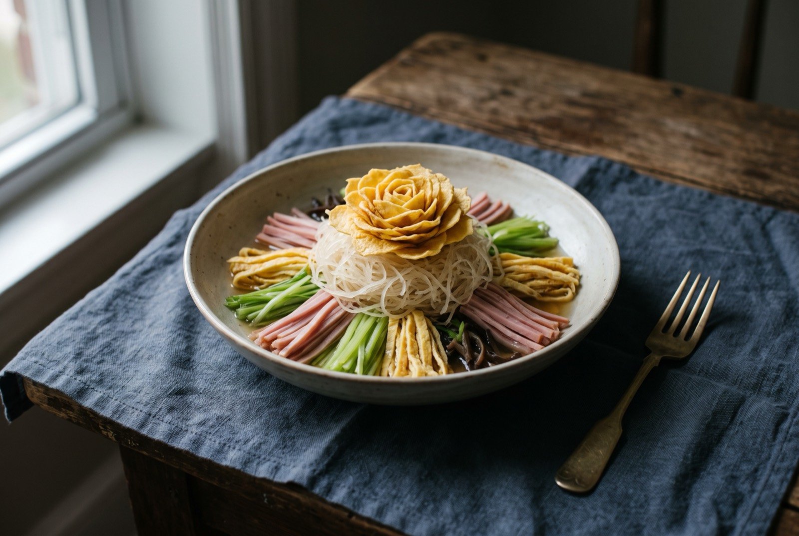 Peony swallow-nest, Luoyang water banquet: a wide, shallow banquet bowl holding a pale mound of fine, nest-like dehydrated radish strands, ringed by neat alternating bundles of ham.