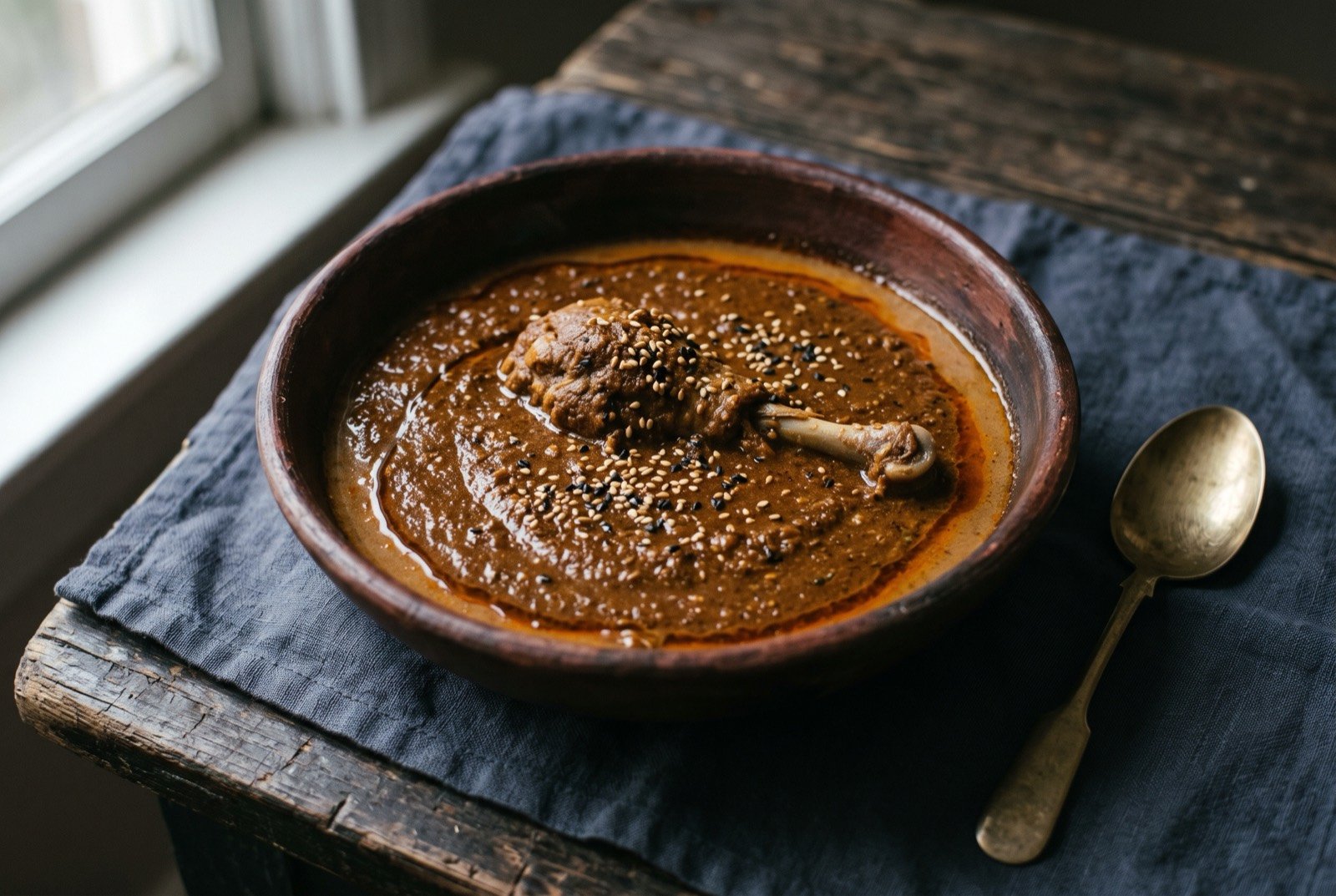 Pepián, a pumpkin seed and chile thickened turkey or chicken stew: a rustic clay bowl of thick, matte, deep reddish brown stew with a finely ground, seed flecked surface, a bone in piece of poultry just breaking through.