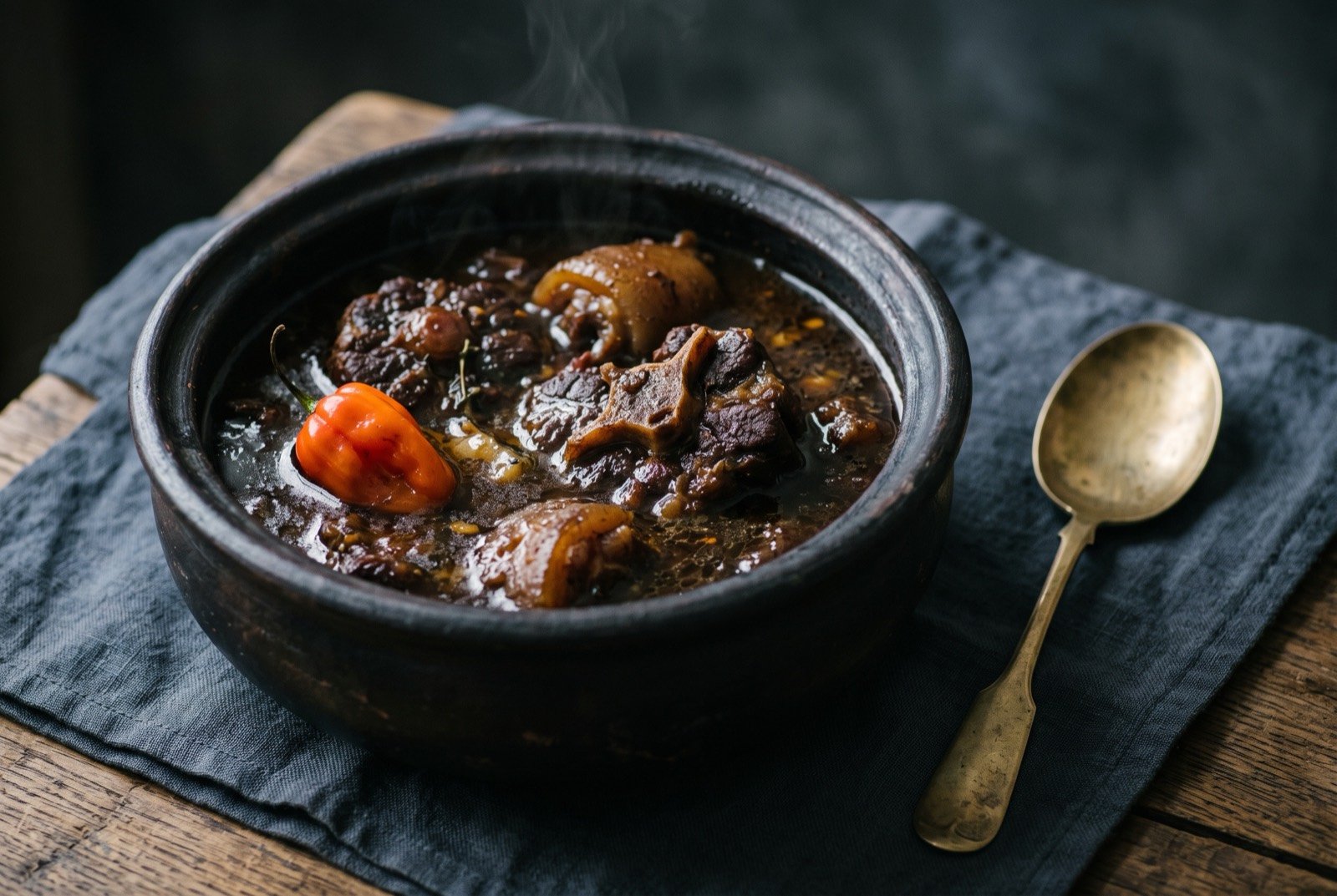 Pepperpot, a near black cassareep braised meat stew: a deep, dark clay pot of thick, near black stew with visible pieces of oxtail and cow heel breaking apart at the surface.