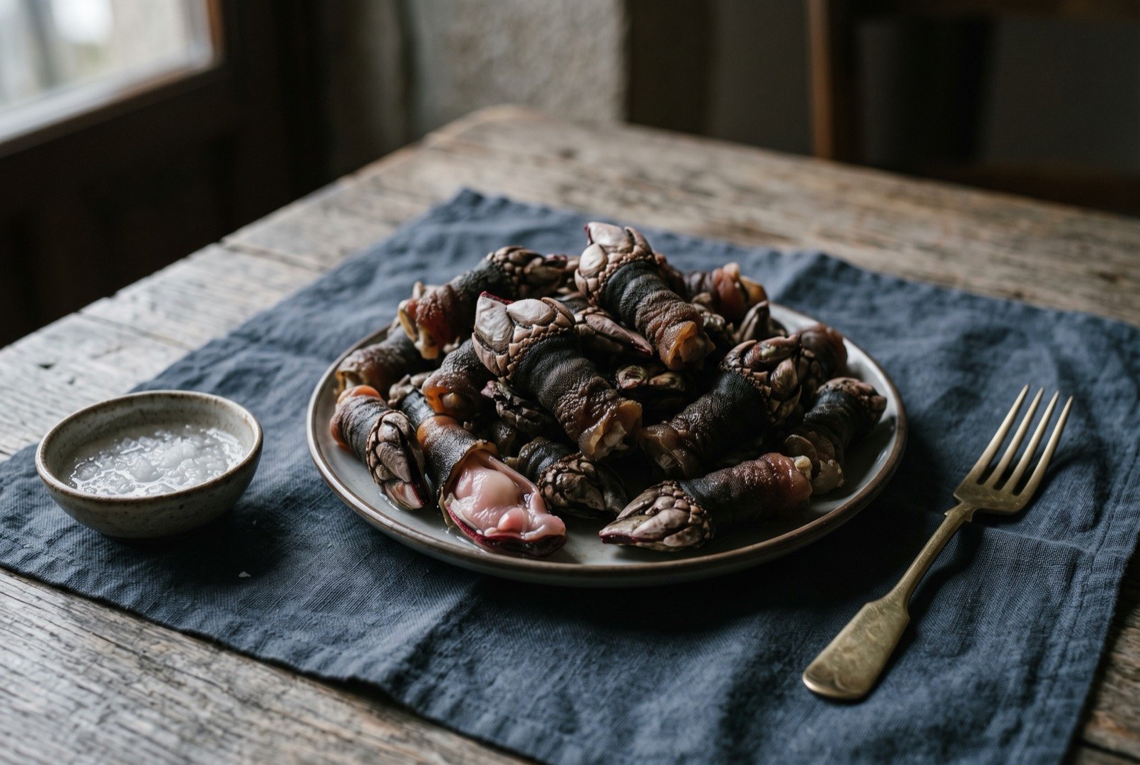 Percebes, Galician goose barnacles boiled briefly in seawater-salted water: a heap of dark, leathery-stalked goose barnacles piled loosely on a plate, their thick grey-brown cuticle sheaths glistening wet.
