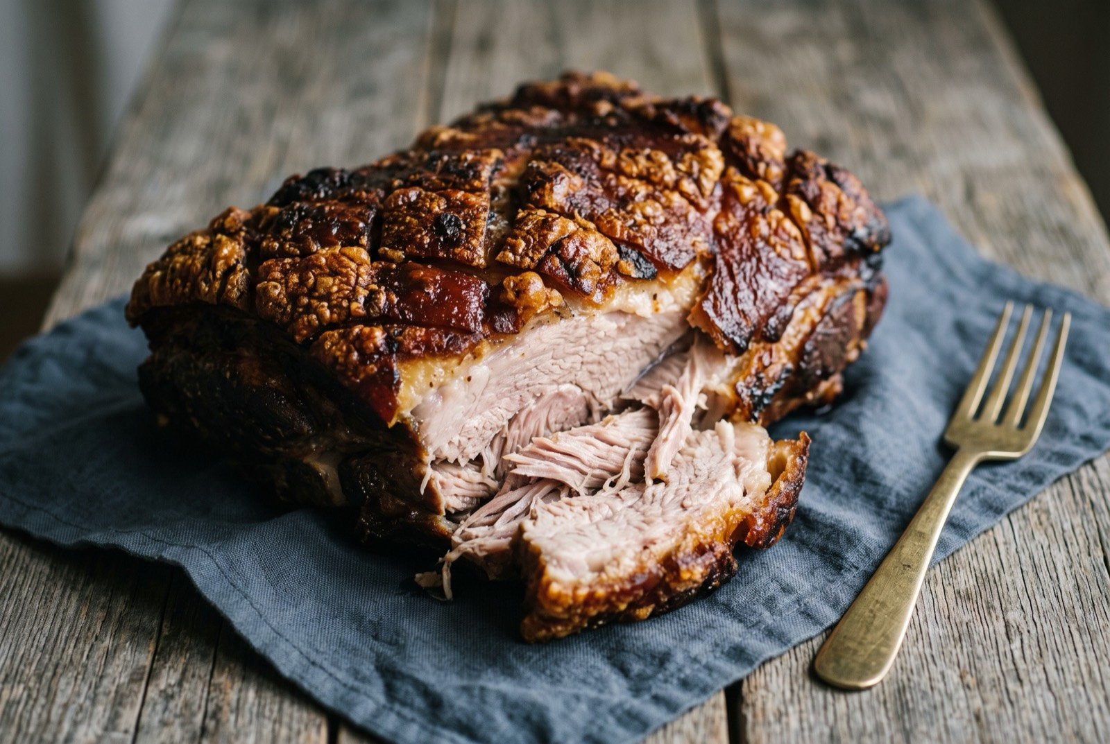 Pernil, Puerto Rican and Dominican slow roast pork shoulder: a large, dark mahogany skinned slab of roast pork shoulder with deeply crackled, blistered skin, one corner carved away to reveal moist pale pink meat beneath.