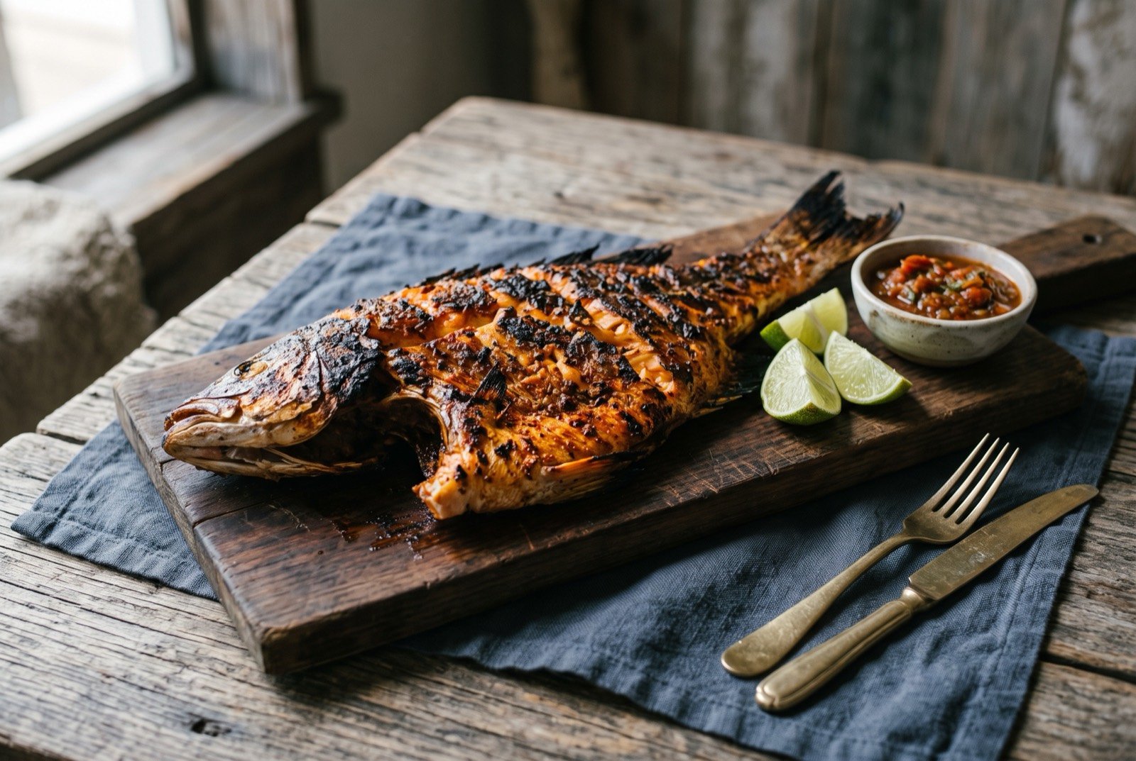 Pescado zarandeado, a whole butterflied fish grilled over coals: a whole butterflied fish, skin side down, laid flat on a rustic board, the flesh side deeply charred and burnished orange red from a chile marinade.