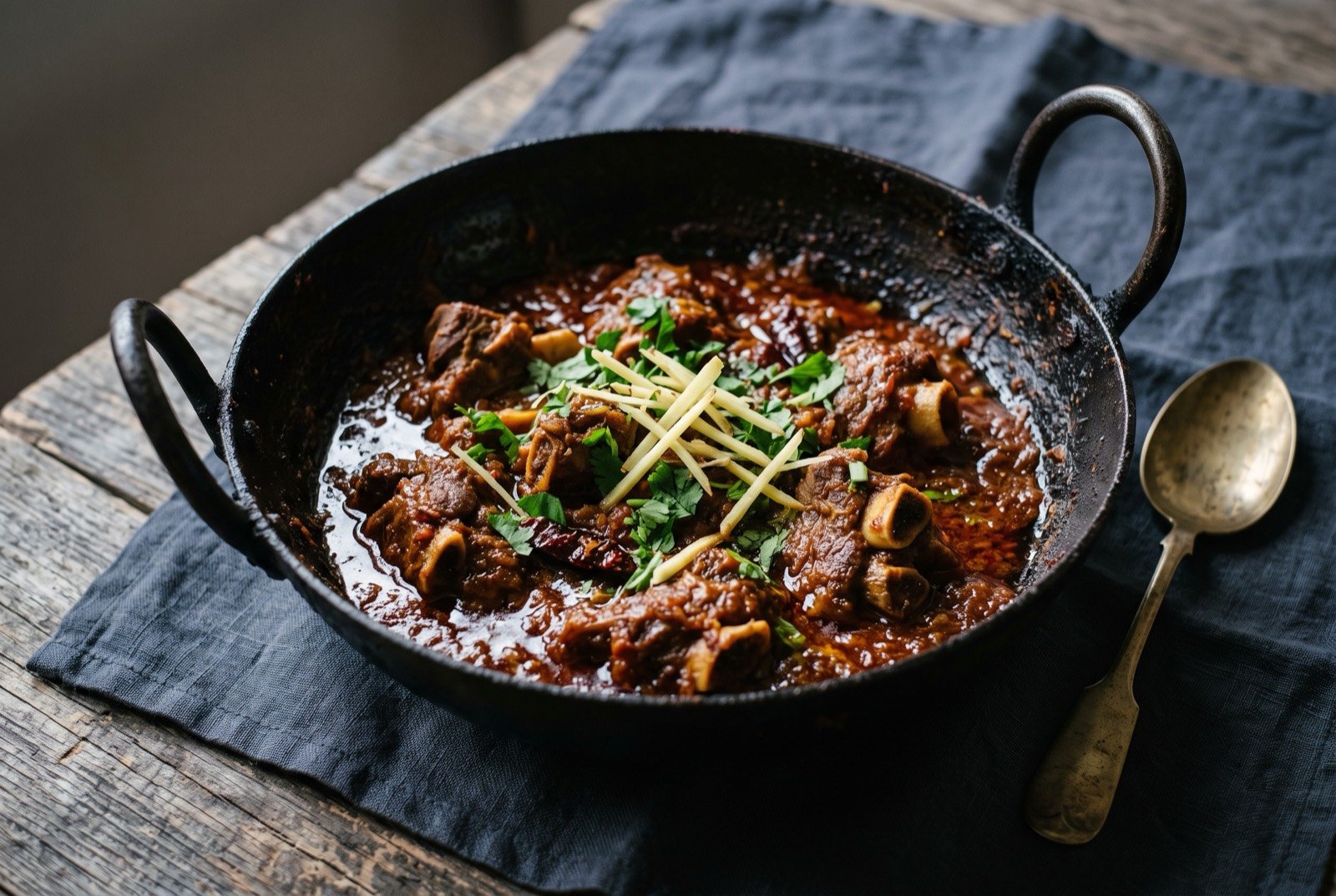 Peshawari karahi, meat cooked dry in a wok-shaped pan with tomato and chilli: bone-in meat pieces glistening in a thick, reduced tomato and chilli sauce inside a blackened steel karahi pan, a few slivers of green chilli and ginger on top.