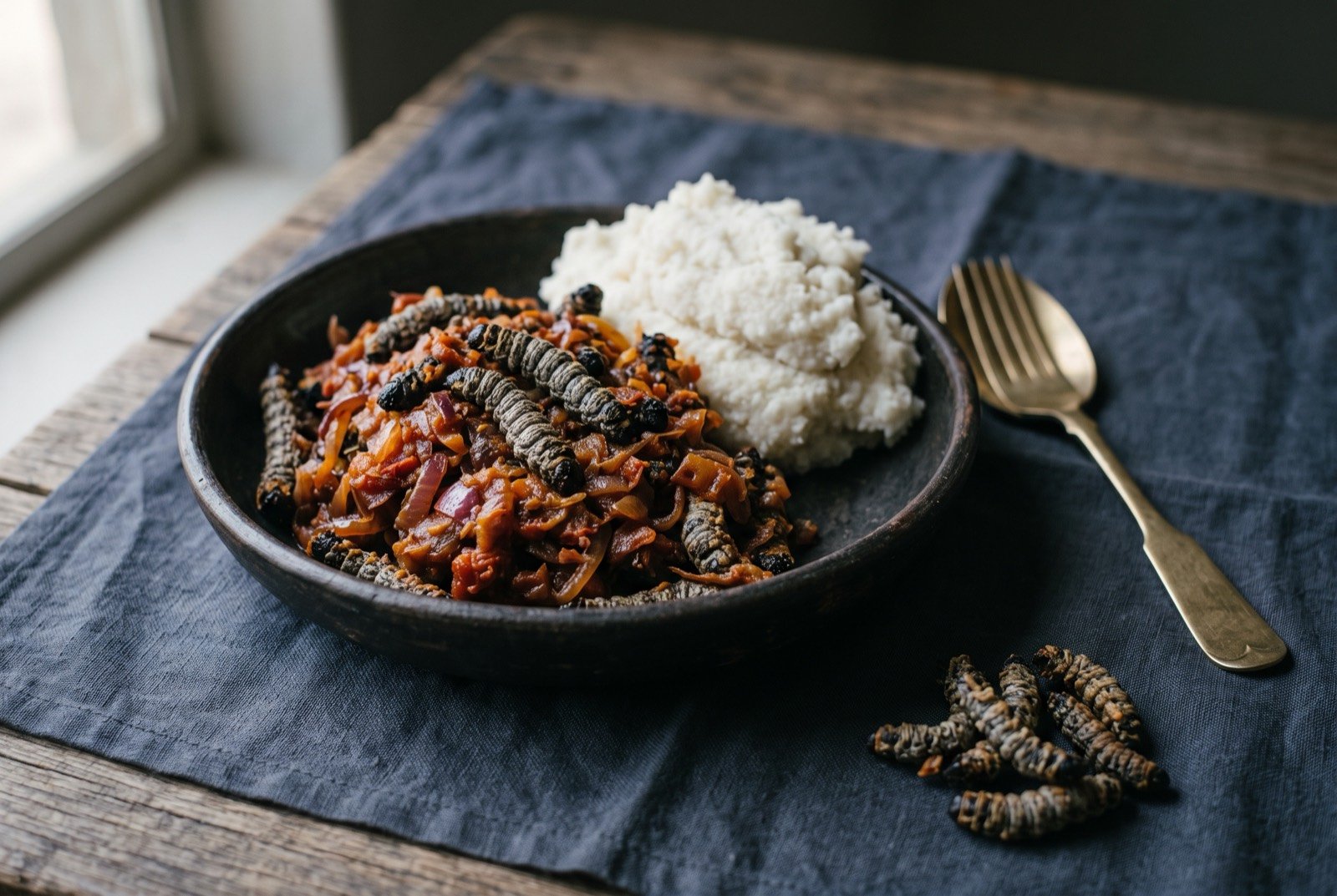 Phane: dried mopane caterpillars fried hard until their ridged greyish brown bodies have crisp blackened edges, turned through a thick red onion and tomato relish that catches in the segments.