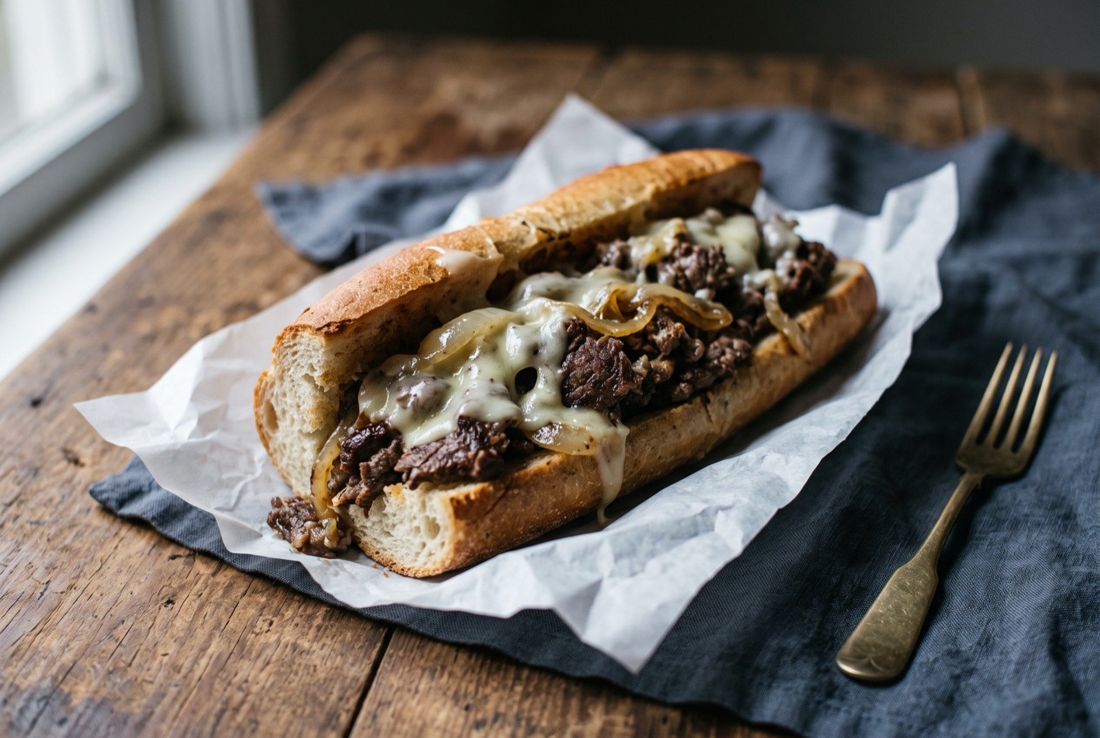 The Philadelphia cheesesteak: a long crusty Italian roll split open and overstuffed with griddle chopped glistening beef and soft translucent onions, a pale molten cheese sauce draped unevenly over the top and running down into the meat.