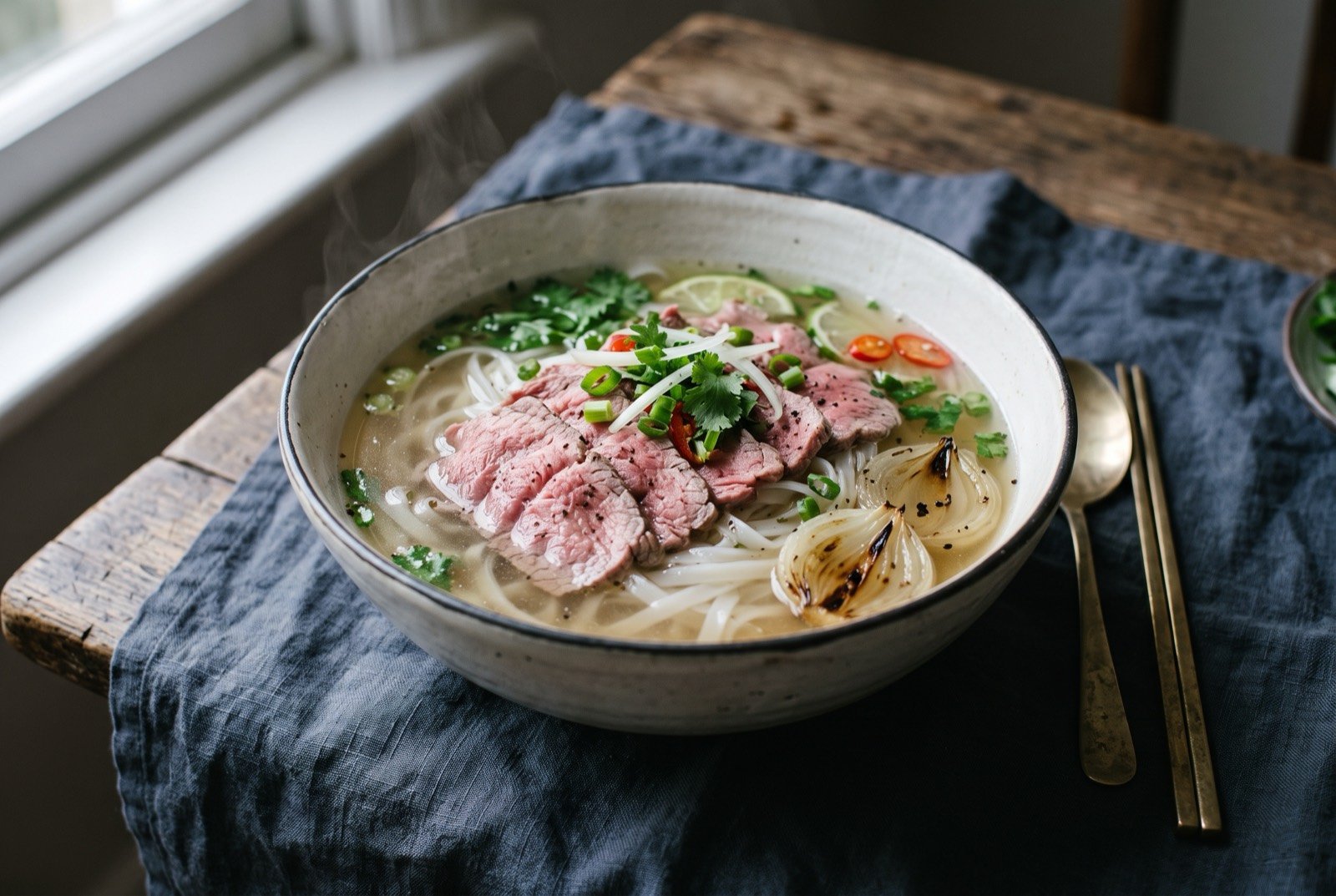 Phở Hà Nội, clear beef broth over flat rice noodles with thin sliced beef: a deep bowl of pale golden clear broth, flat white rice noodles submerged beneath thin slices of pink beef fanned across the surface.